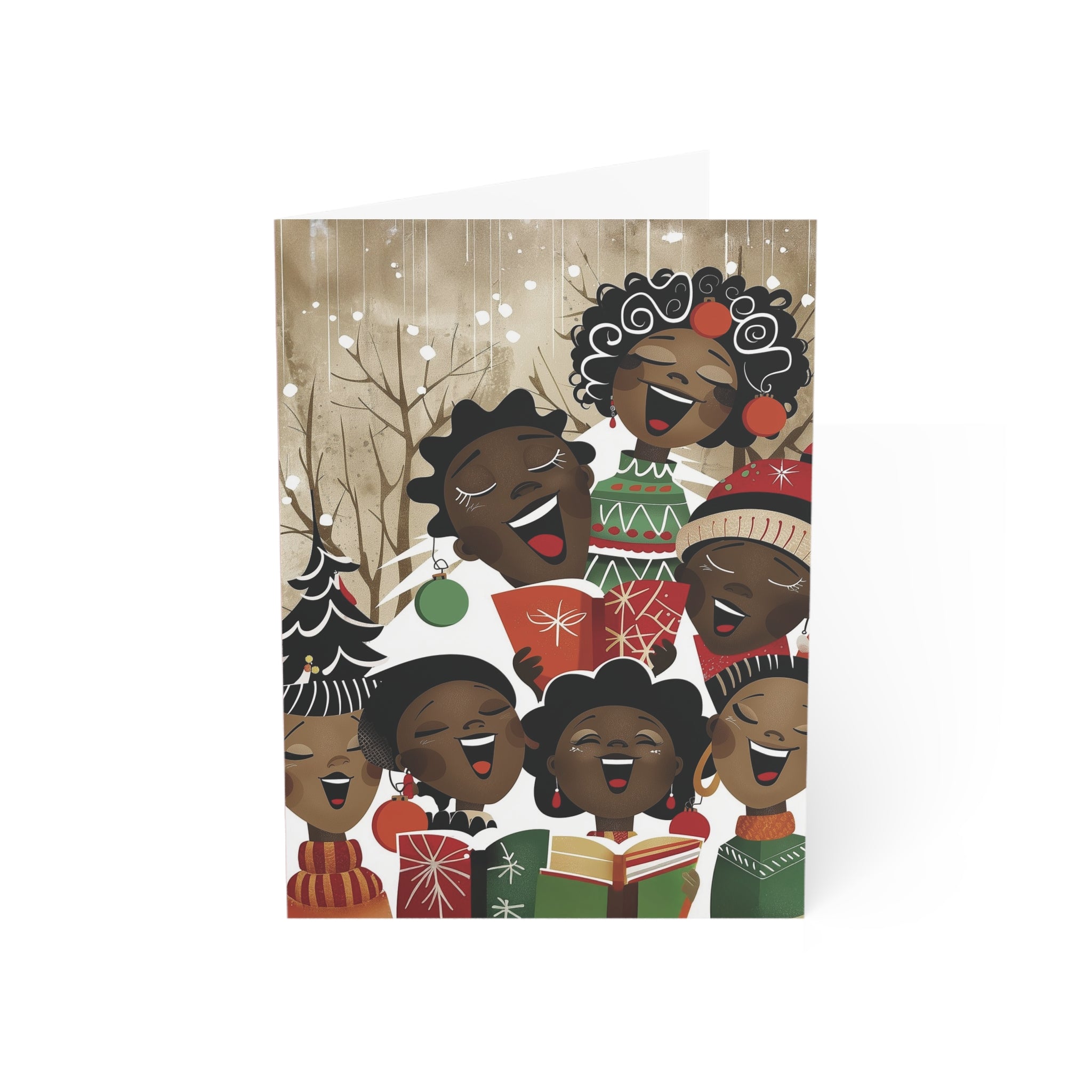 Christmas cards featuring African American holiday carolers and Black church choir singers in festive attire, available as a single card or boxed set with white envelopes.