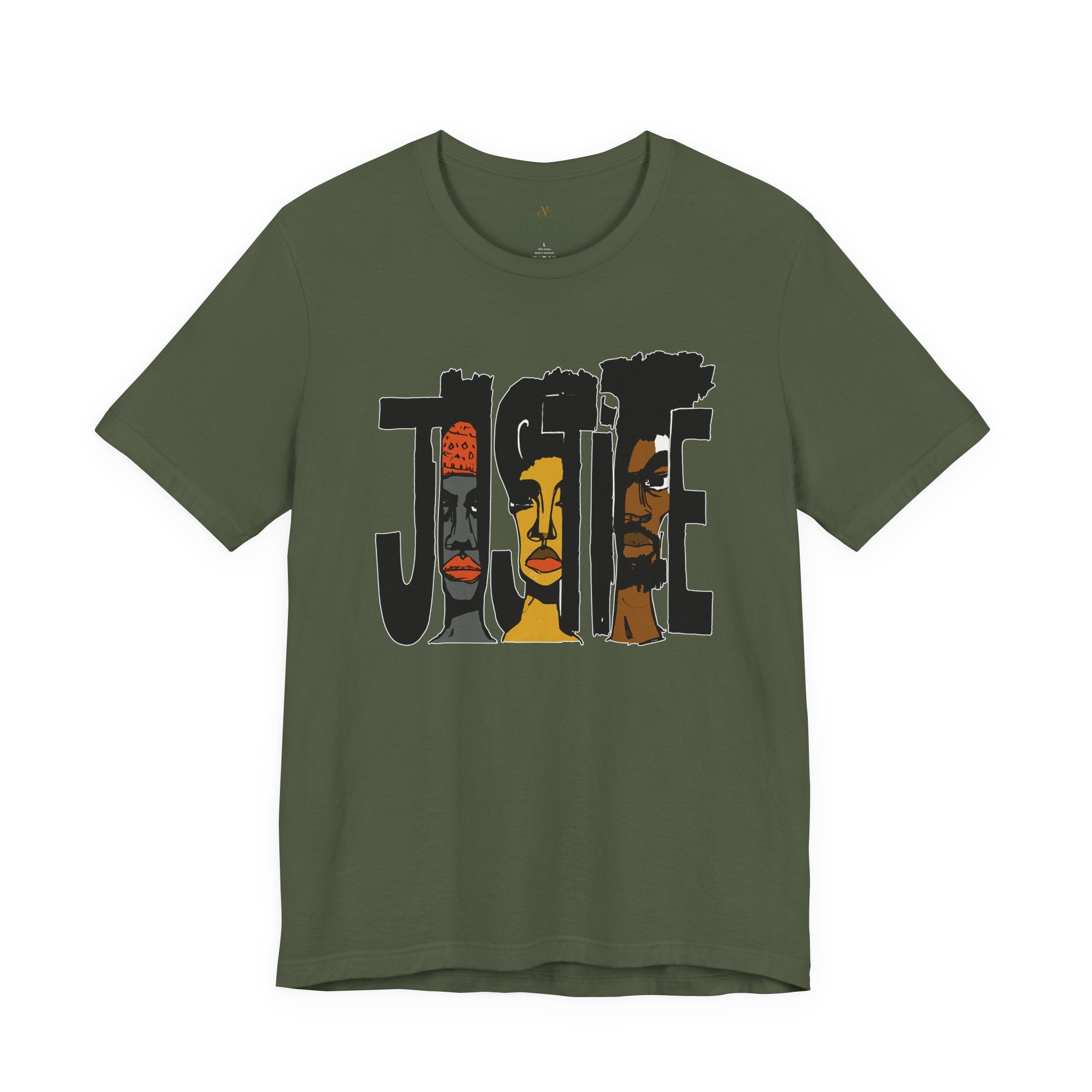 A olive green short-sleeve crewneck t-shirt featuring a graphic print of the word 'JUSTICE' filled with stylized illustrations of African American faces in black, brown, and orange tones.