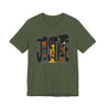 A olive green short-sleeve crewneck t-shirt featuring a graphic print of the word 'JUSTICE' filled with stylized illustrations of African American faces in black, brown, and orange tones.