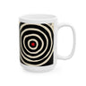 Right hand view of 15 oz. red, black and cream abstract art coffee mug featuring bold geometric circles, stripes, organic shapes and a Bauhaus-inspired modern design, displayed against a white background.