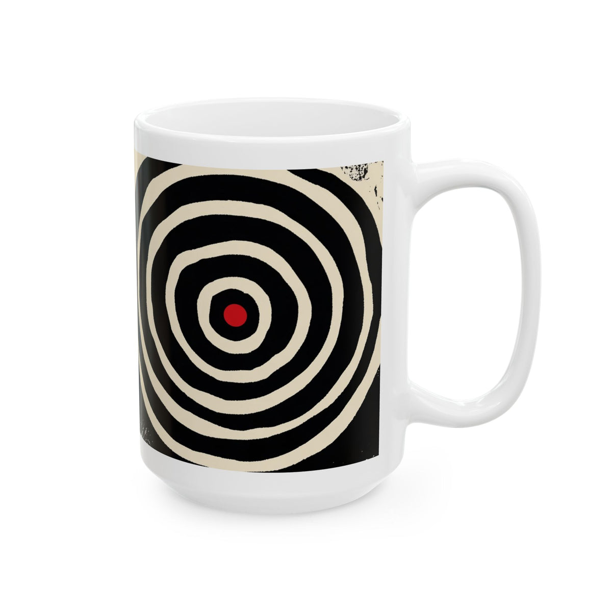 Right hand view of 15 oz. red, black and cream abstract art coffee mug featuring bold geometric circles, stripes, organic shapes and a Bauhaus-inspired modern design, displayed against a white background.
