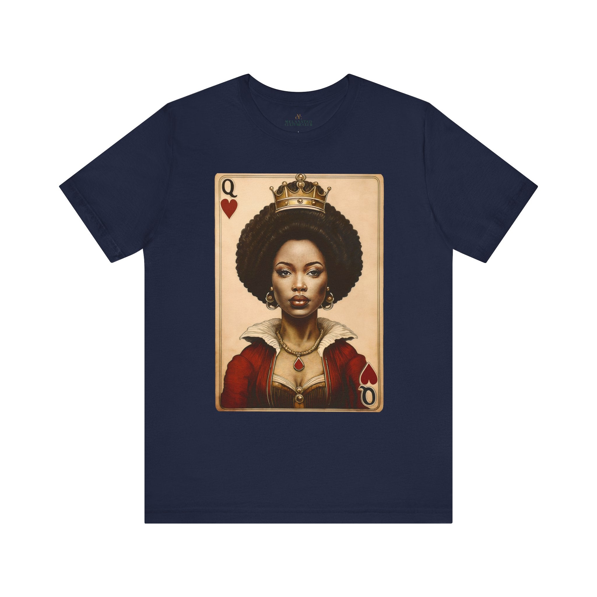 Black Queen of Hearts Tee Shirt featuring an illustrated African American woman with an afro and gold crown, styled as the Queen of Hearts playing card. Afrocentric vintage-inspired streetwear design in bold red, gold, and black colors.