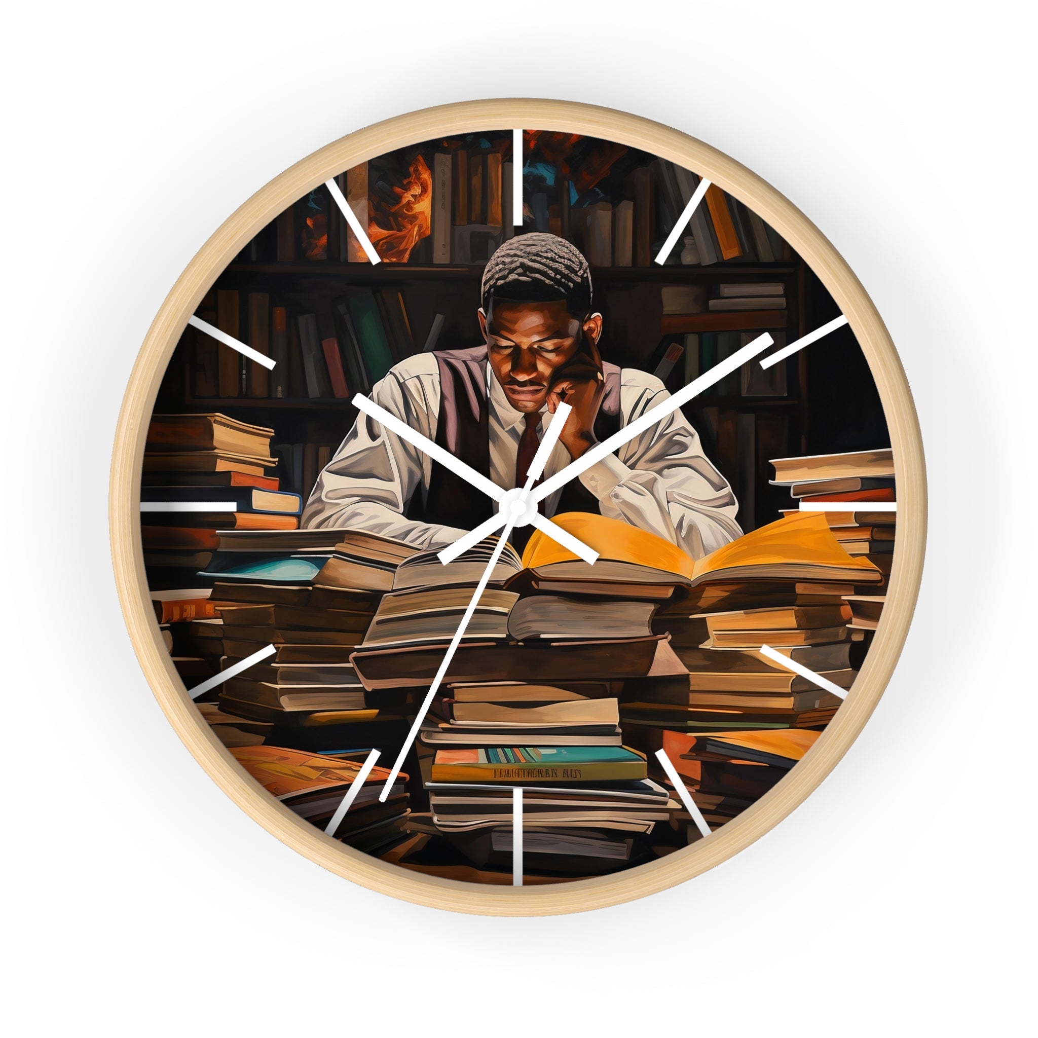 Black Man Law Student Round Wall Clock featuring an African American male scholar studying in a library setting. Afrocentric wall art symbolizing education, focus, and academic excellence.