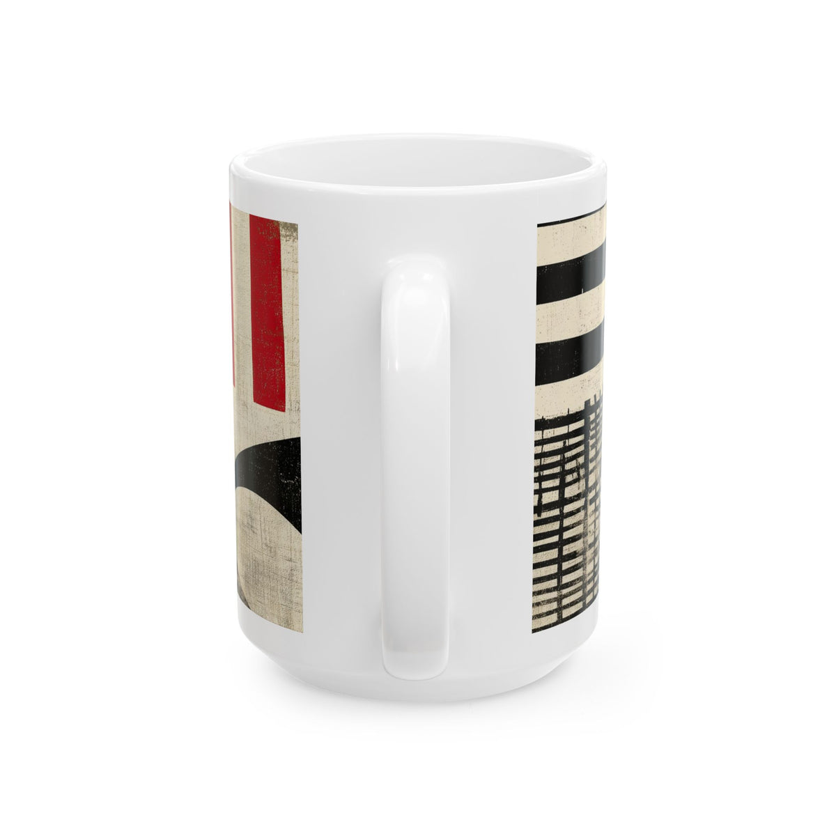 Back view of a 15 oz white ceramic mug with a modern abstract geometric pattern featuring black, cream, and mustard yellow blocks, lines, and curved shapes, shown on a plain white background.