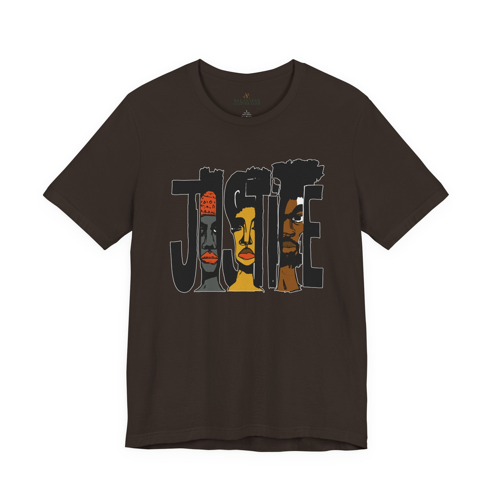A dark brown short-sleeve crewneck t-shirt featuring a graphic print of the word 'JUSTICE' filled with stylized portraits of Black and African American faces in black, yellow, and orange.