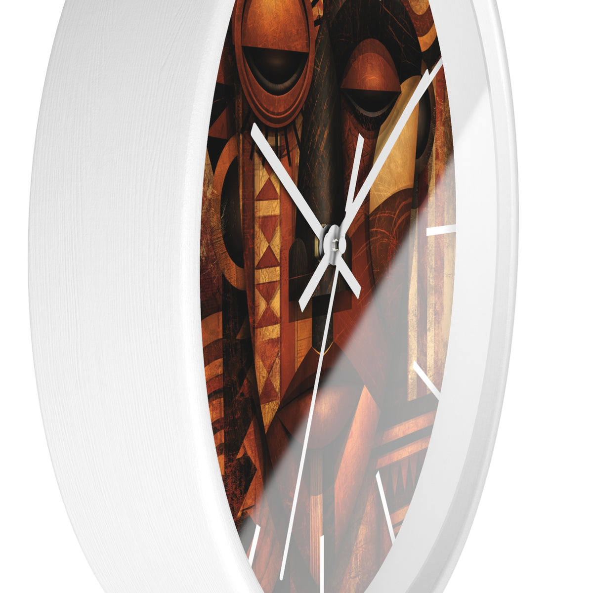 Side view of white round wall clock with white time markings and white clock hands, featuring an abstract African-inspired mask face with geometric shapes, circular patterns, and textured details in terracotta, burnt orange, bronze, black, and warm gold tones, displayed against a white background.