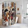 New York City Rainy Day shower curtain featuring Afrocentric abstract art of people walking in the rain during NYC rush hour with umbrellas and city skyline.