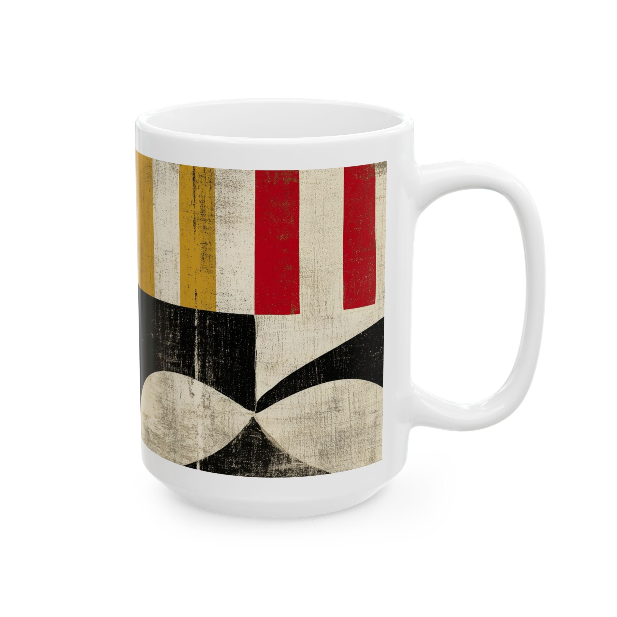 Right handle view of a 15 oz white ceramic mug featuring a distressed, vintage-style graphic print of the Maryland state flag, including its gold, red, black, and white elements, shown on a clean white background.