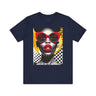 Black Woman Shock Pop Art Tee Shirt featuring an Afrocentric retro comic style illustration of a surprised Black woman. Bold psychedelic colors and vintage streetwear design celebrating African American fashion and expressive art.