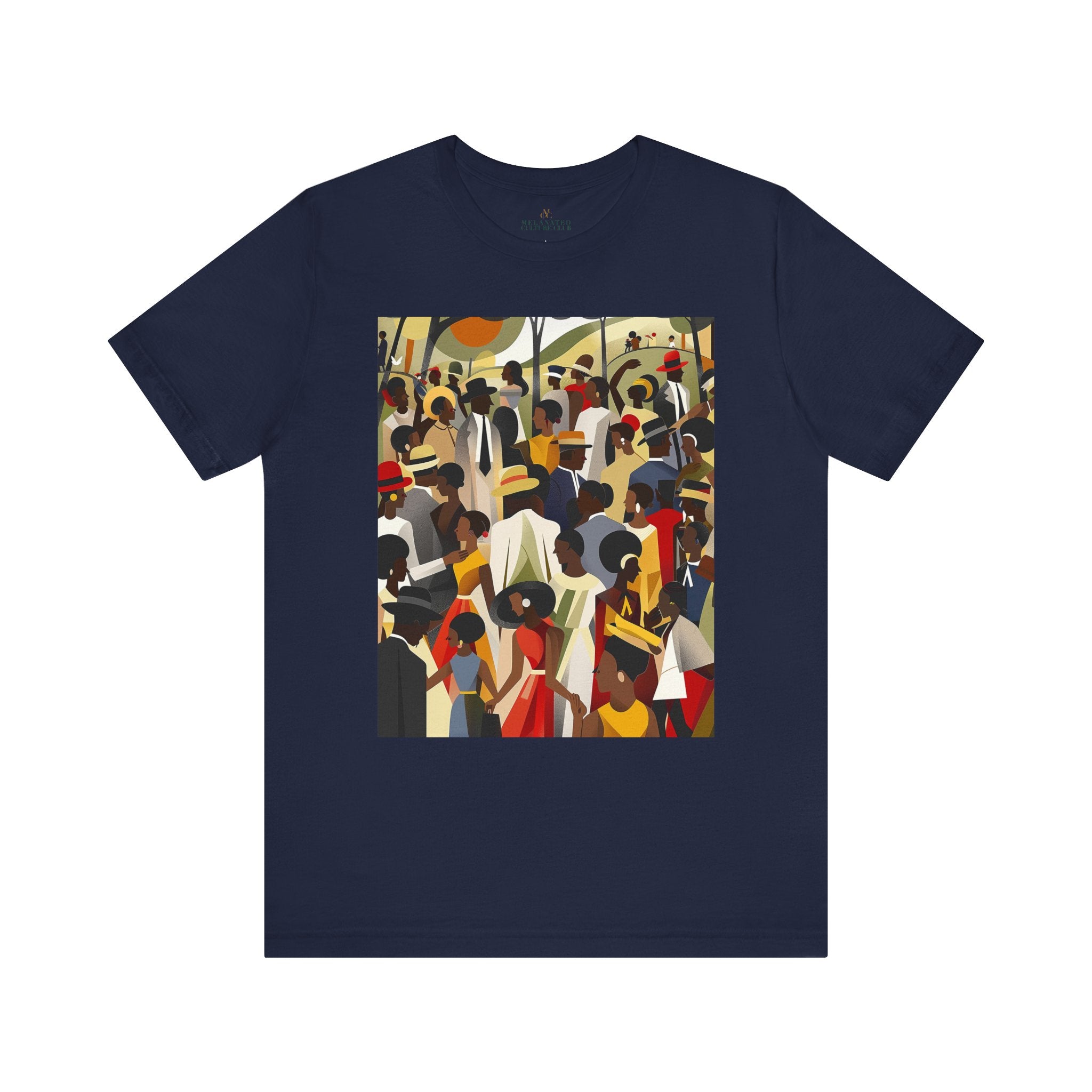 Juneteenth Celebration Tee Shirt featuring an Afrocentric design of Black people enjoying an outdoor picnic and family reunion. Adult unisex top honoring African American heritage, freedom, and cultural pride.