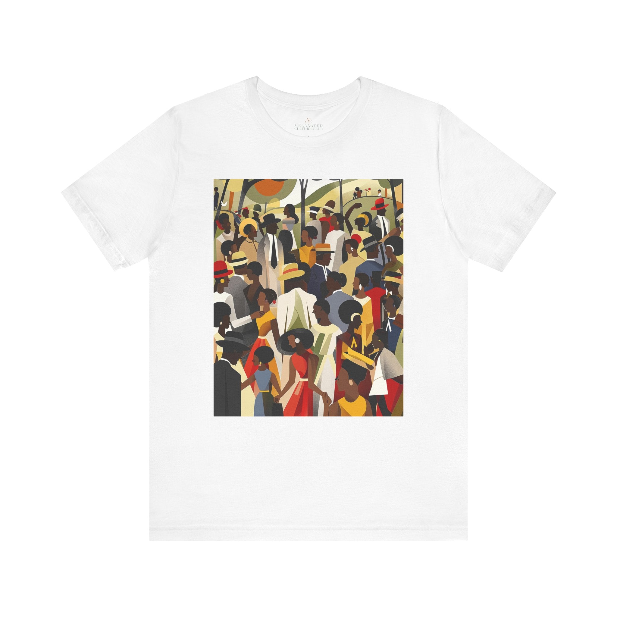 Juneteenth Celebration Tee Shirt featuring an Afrocentric design of Black people enjoying an outdoor picnic and family reunion. Adult unisex top honoring African American heritage, freedom, and cultural pride.