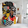 Soul Sisters abstract shower curtain featuring a modern pop art collage of two Black women celebrating sisterhood, Afrocentric style, and bold contemporary bathroom décor.