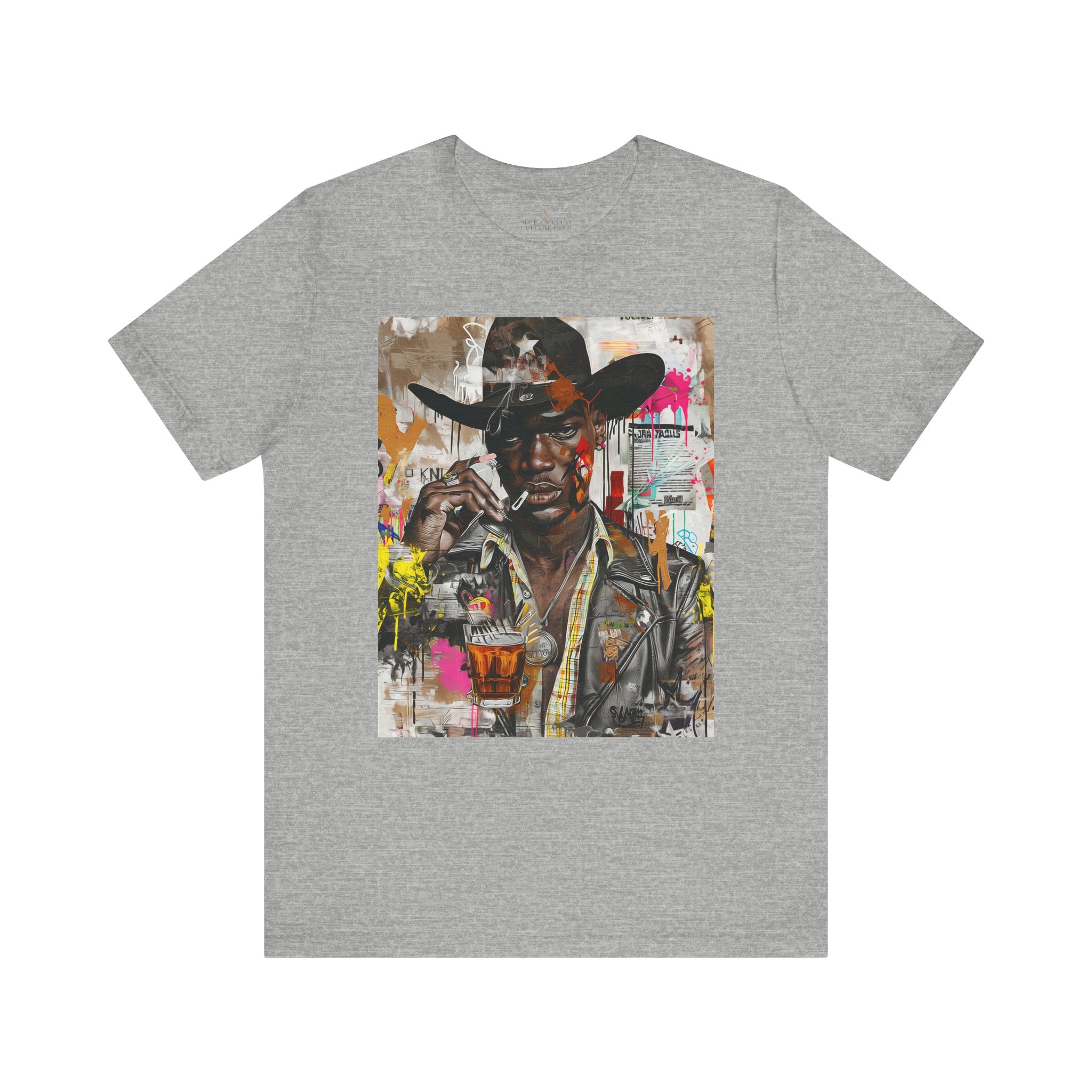 Black Cowboy Tee Cartoon Style Graffiti Collage Edgy - Style 03 - in athletic heather.