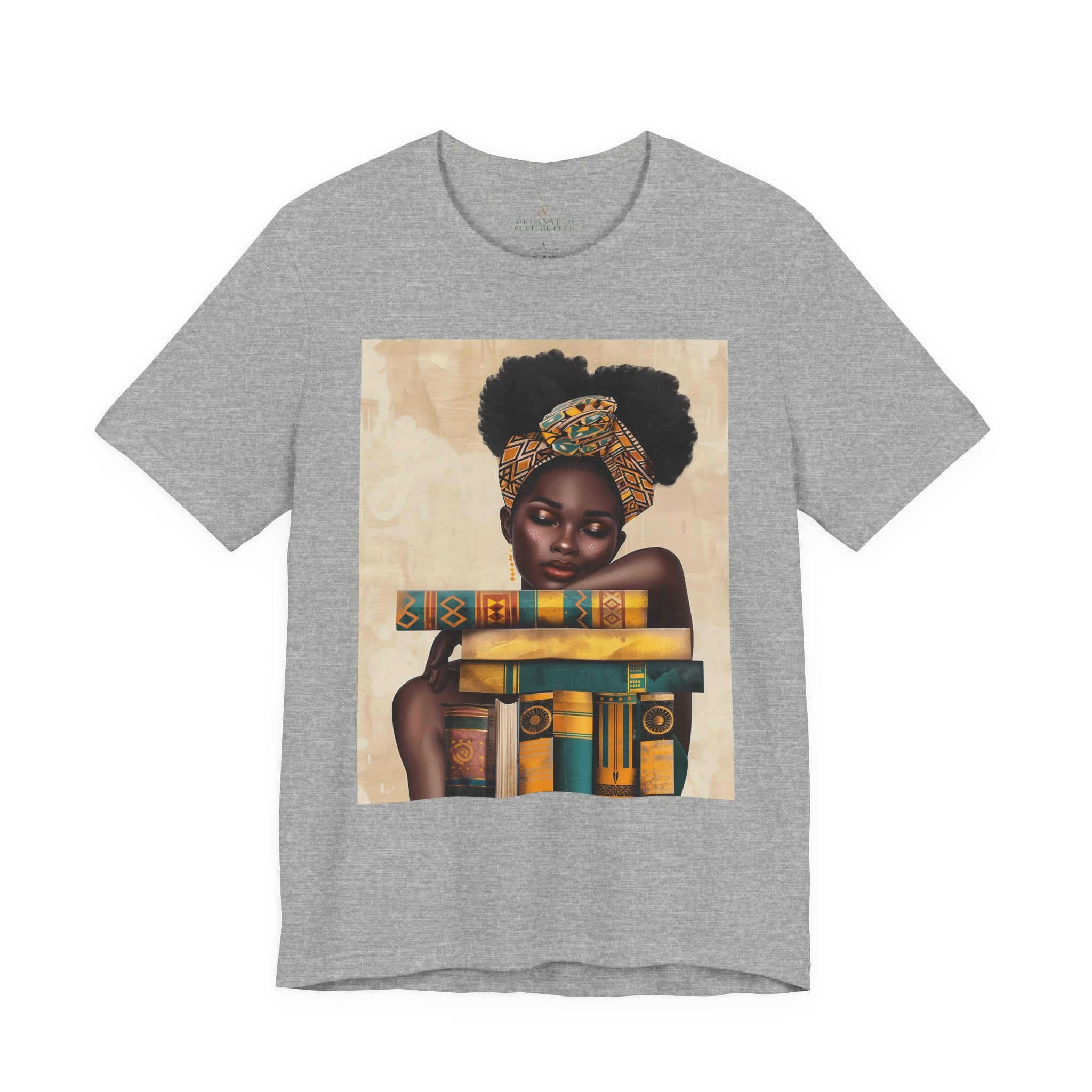 Afrocentric illustration of a young Black woman with a serene expression hugging a stack of books, symbolizing education, knowledge, legacy, and generational success.