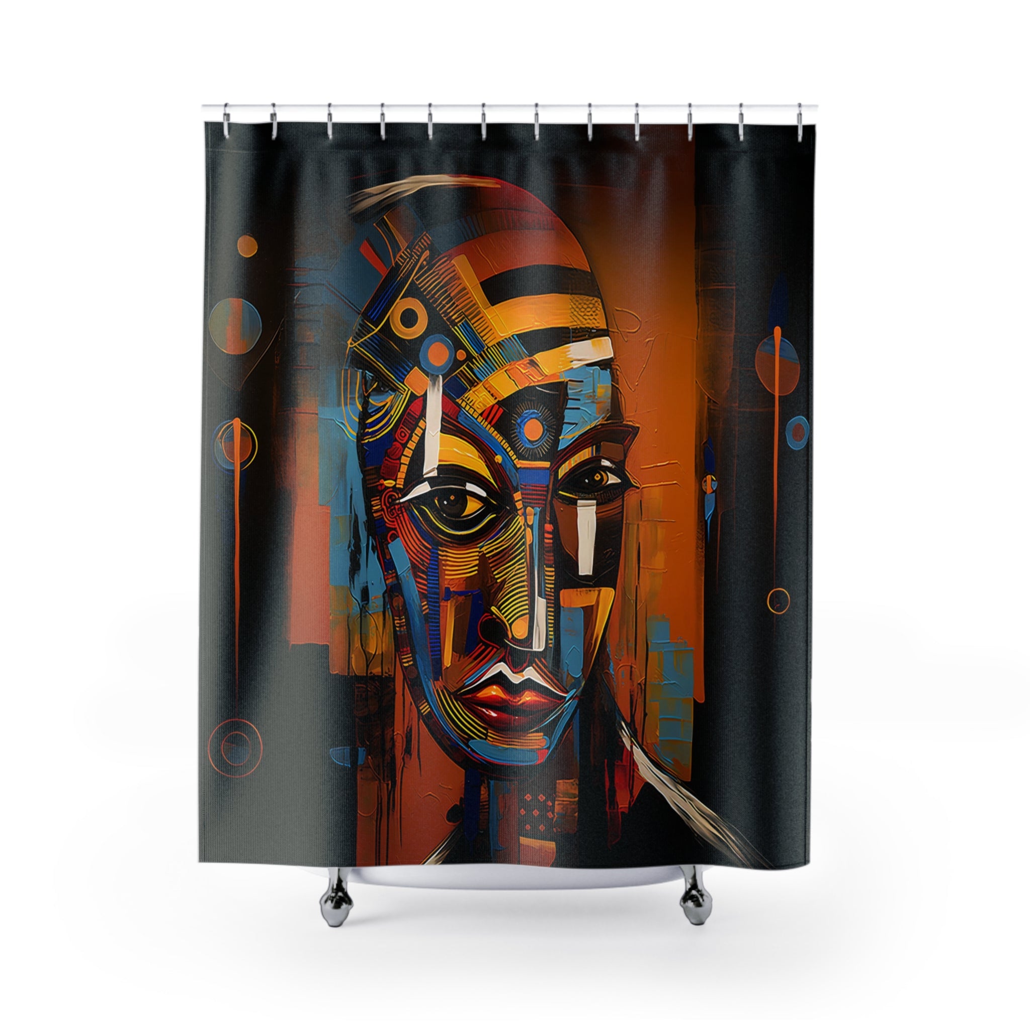 Bathroom shower curtain featuring an abstract African mask design with bold tribal patterns and Afrocentric colors, perfect for African-inspired home and bathroom decor.