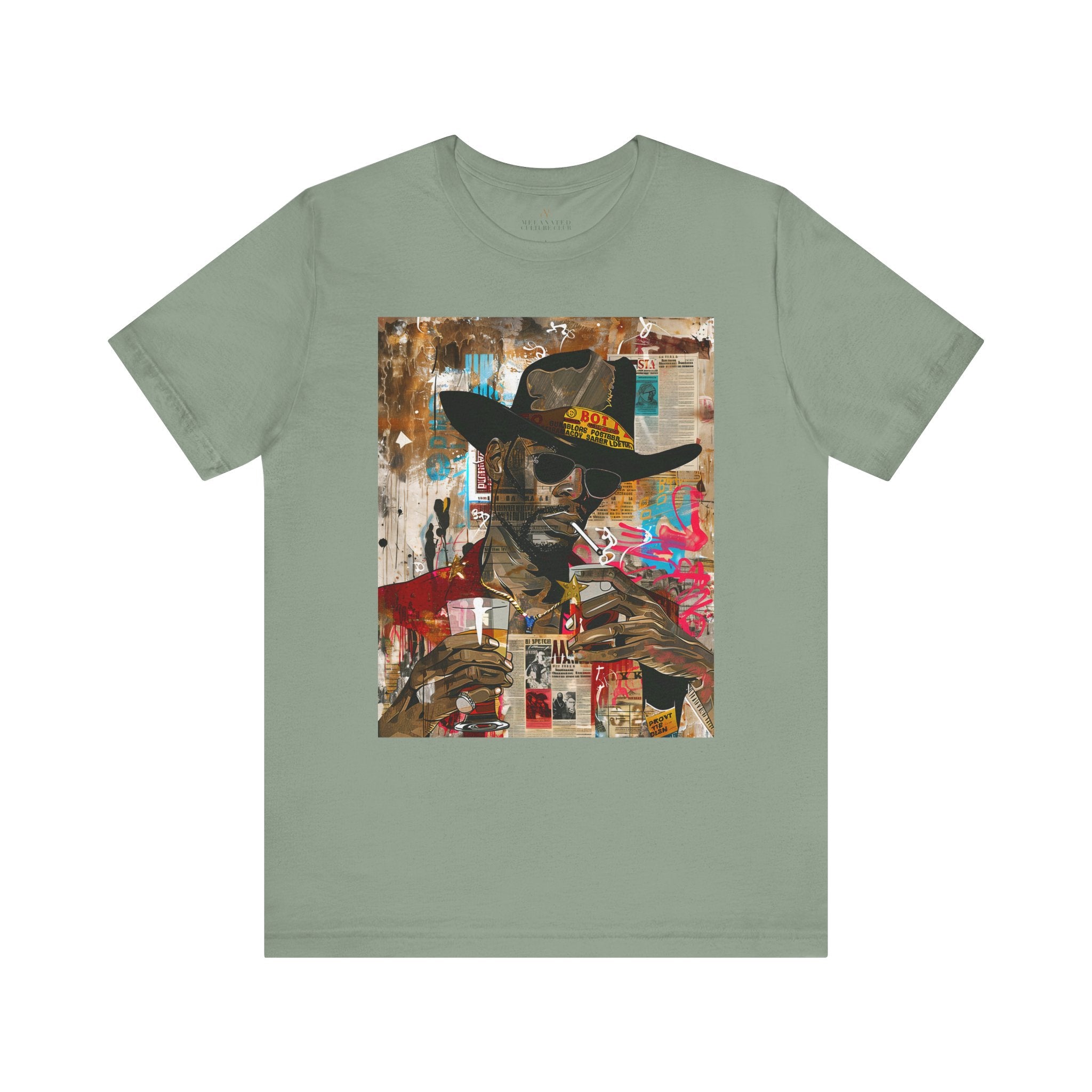 Graffiti Black Cowboy Tee Cartoon Style Collage Edgy - Style 04 in sage