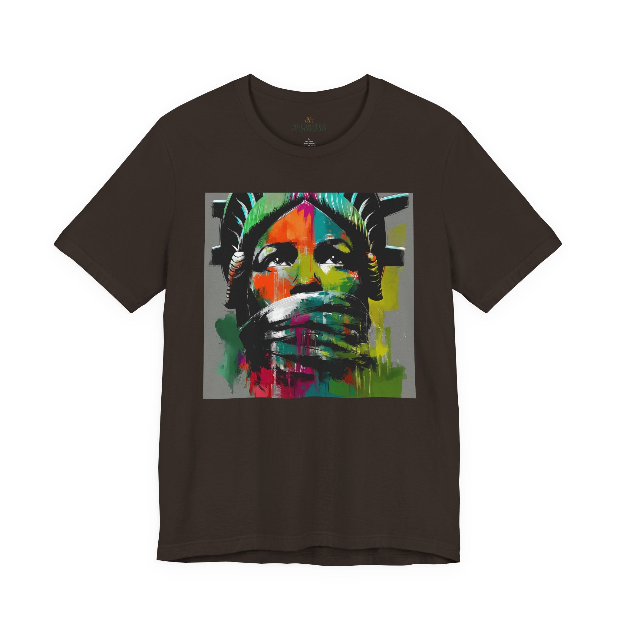 Black woman depicted as Statue of Liberty with mouth covered by white cloth symbolizing silenced freedom of speech First Amendment protest art on tee shirt
