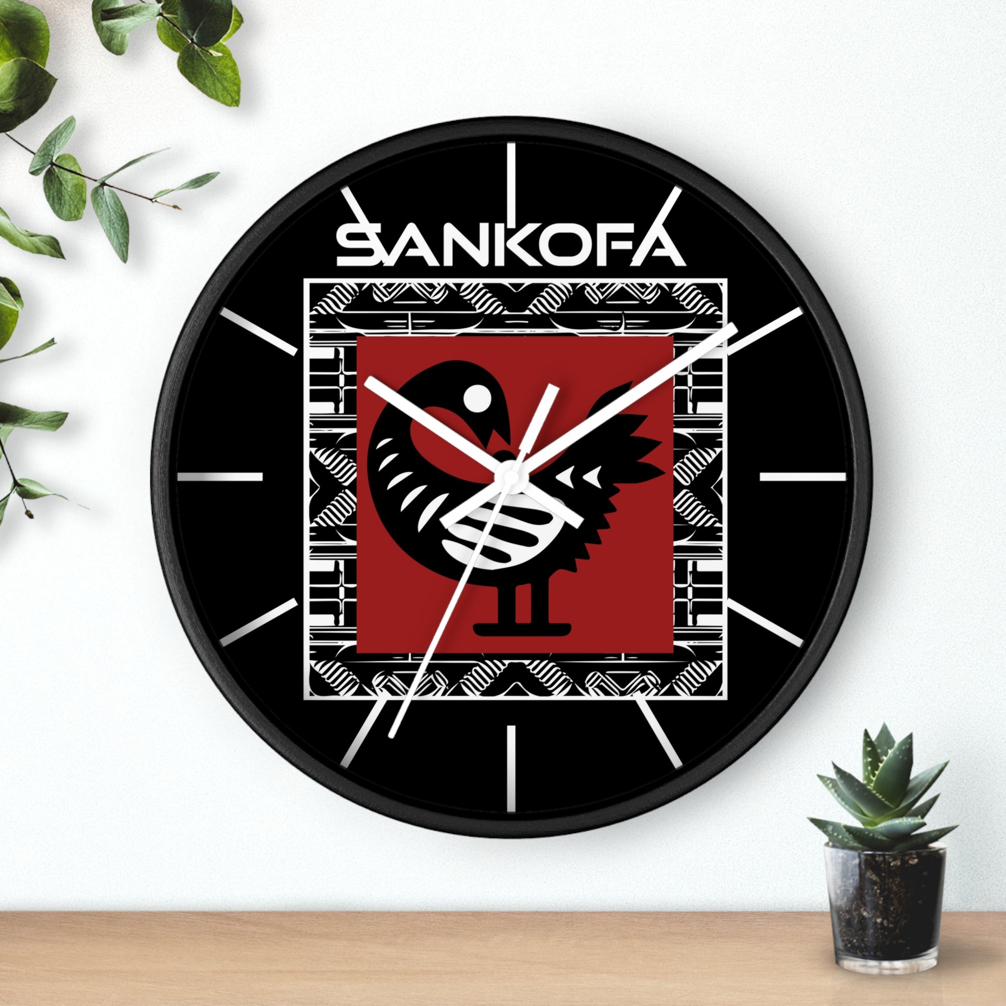 Adinkra Sankofa Wall Clock featuring the Ghanaian “Go Back and Get It” bird symbol. Afrocentric wall decor celebrating African heritage and ancestral wisdom.
