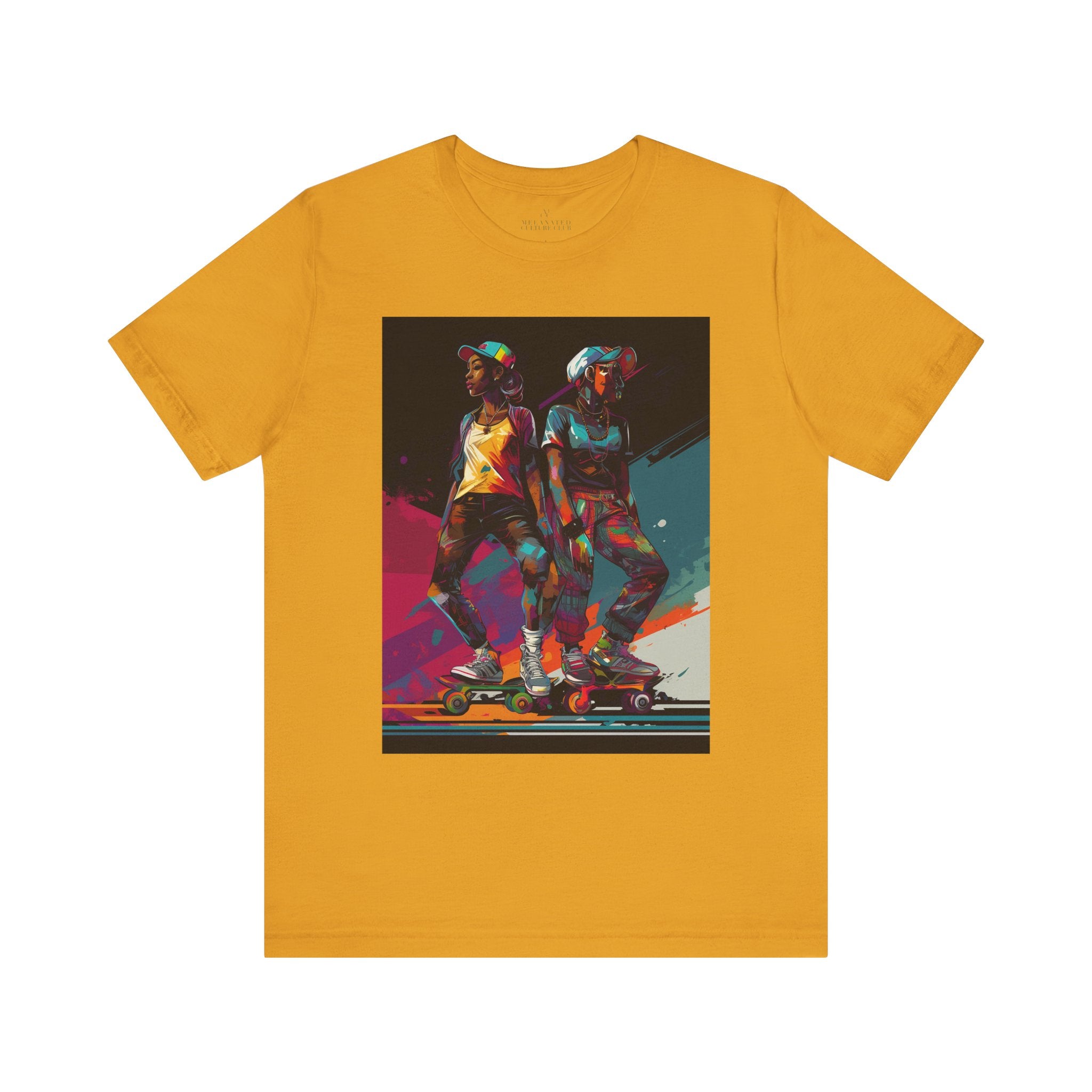 Black Girls Roller Skating Tee Afrocentric Skaters in mustard.