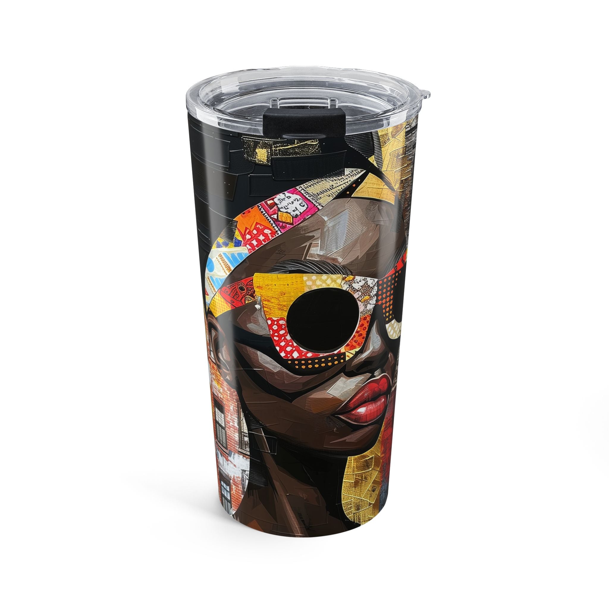 20 oz Boss Babe Lakendra tumbler with graffiti style illustration of a confident woman, featuring a clear push-on lid and rubber gasket, suitable for hot and cold drinks.