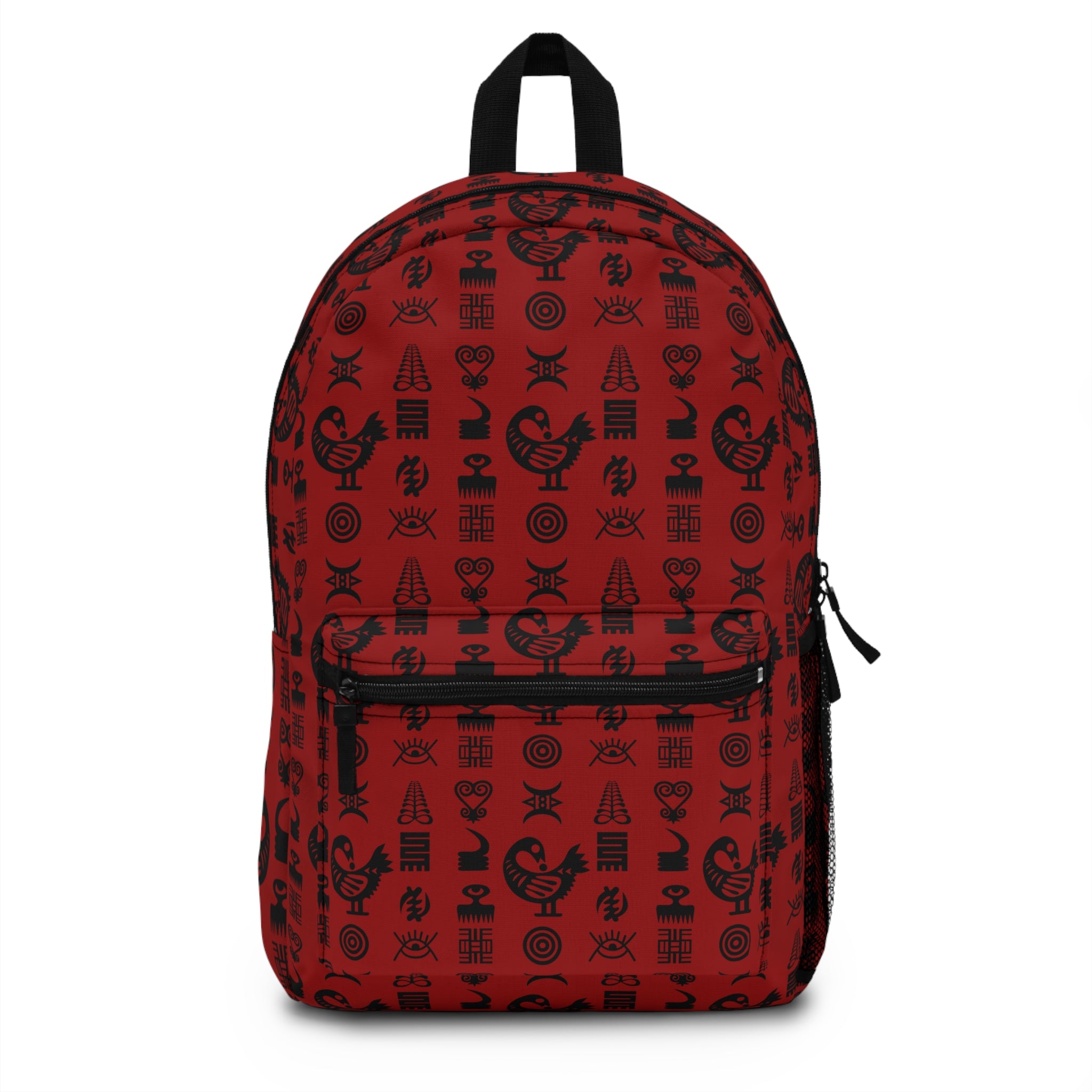 Backpack for school and travel featuring traditional Ghanaian Adinkra symbols in an Afrocentric pattern celebrating African heritage, culture, wisdom, and unity.