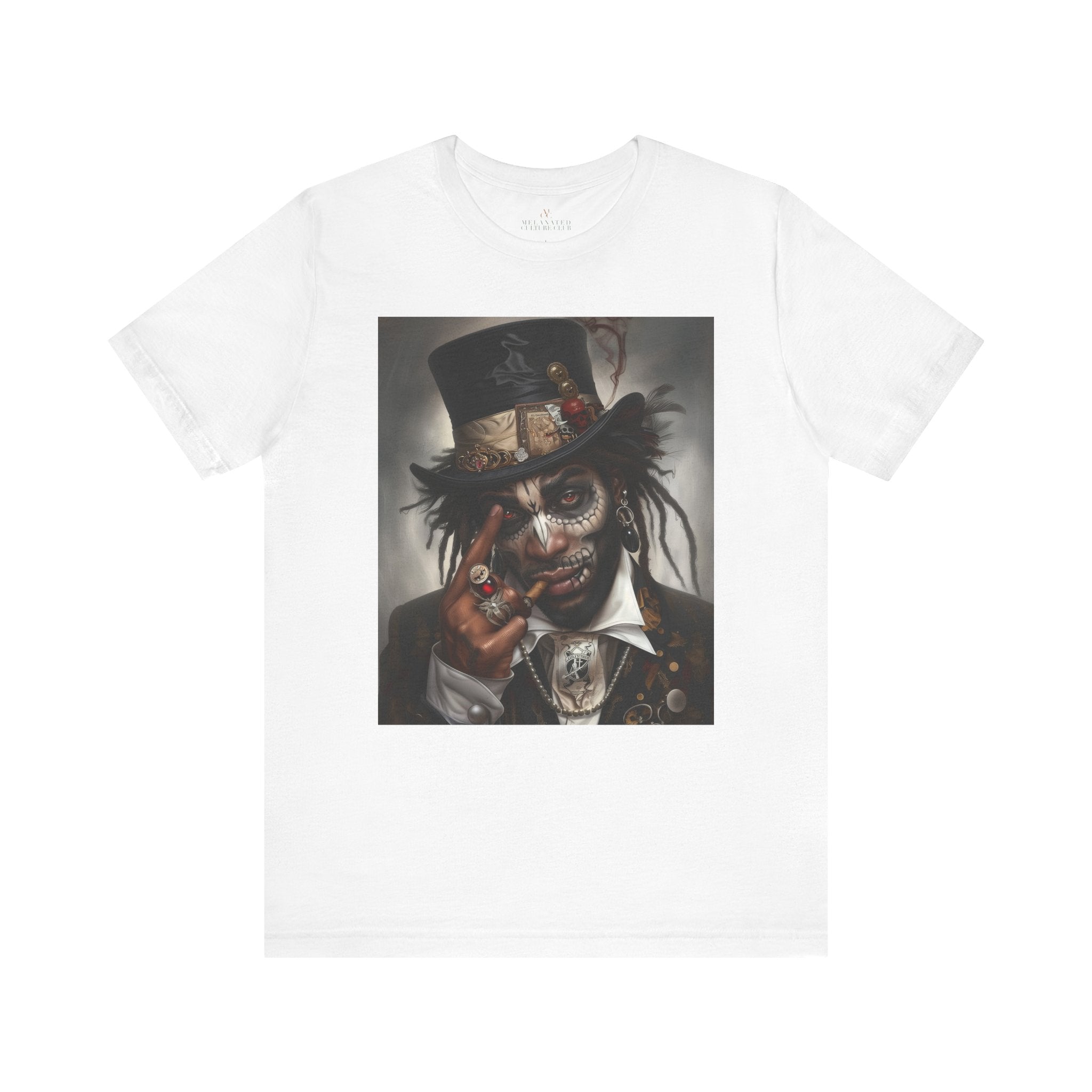 Voodoo Priest Tee Shirt featuring an Afrocentric gothic design of a voodoo priest in a top hat with skull face paint, red eyes, dark fantasy Afrocentric streetwear. (Front style)