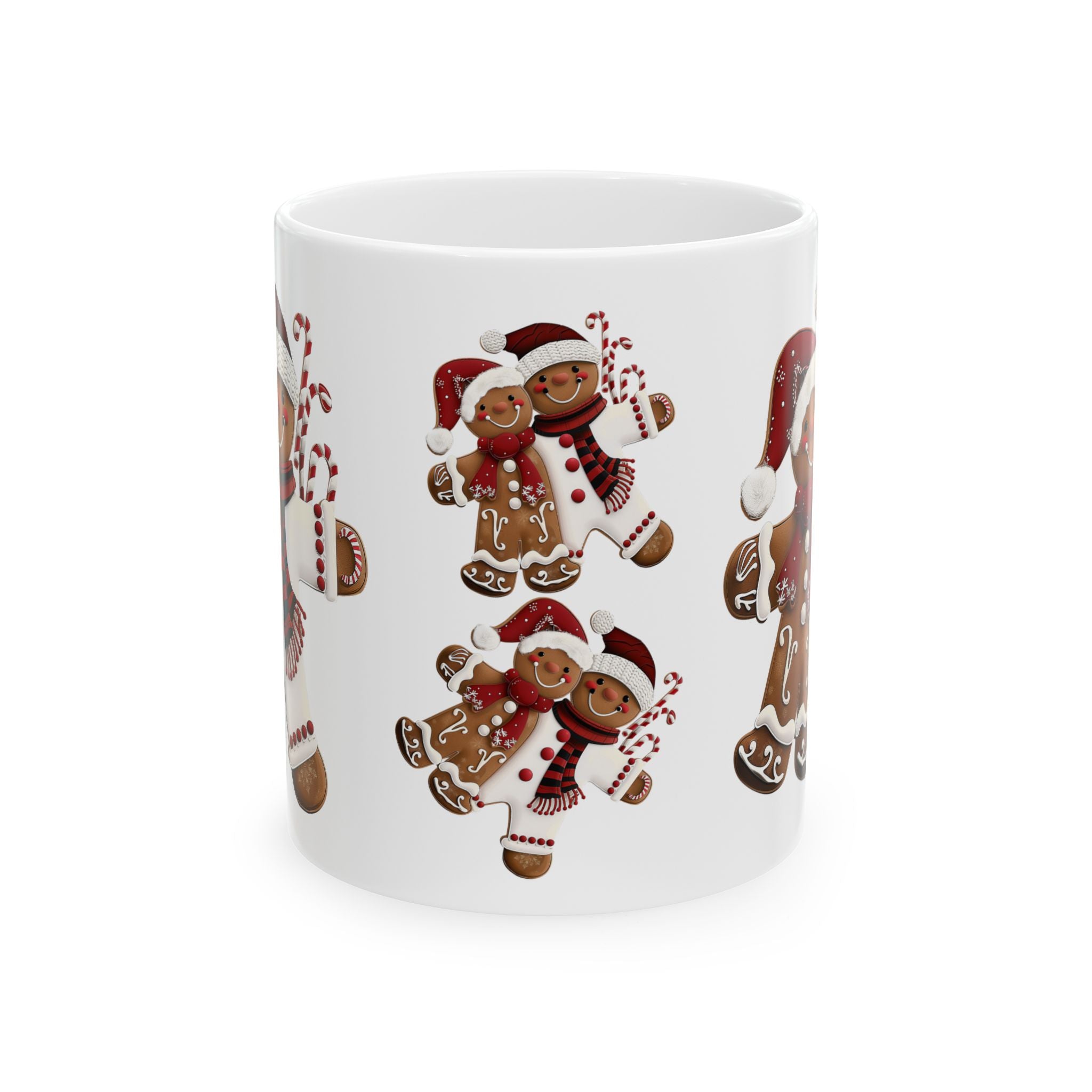 Gingerbread Cookie Couple Coffee Mug featuring a festive gingerbread couple design, Christmas holiday beverage mug perfect for coffee, tea, and hot cocoa, available in 11 oz and 15 oz sizes.