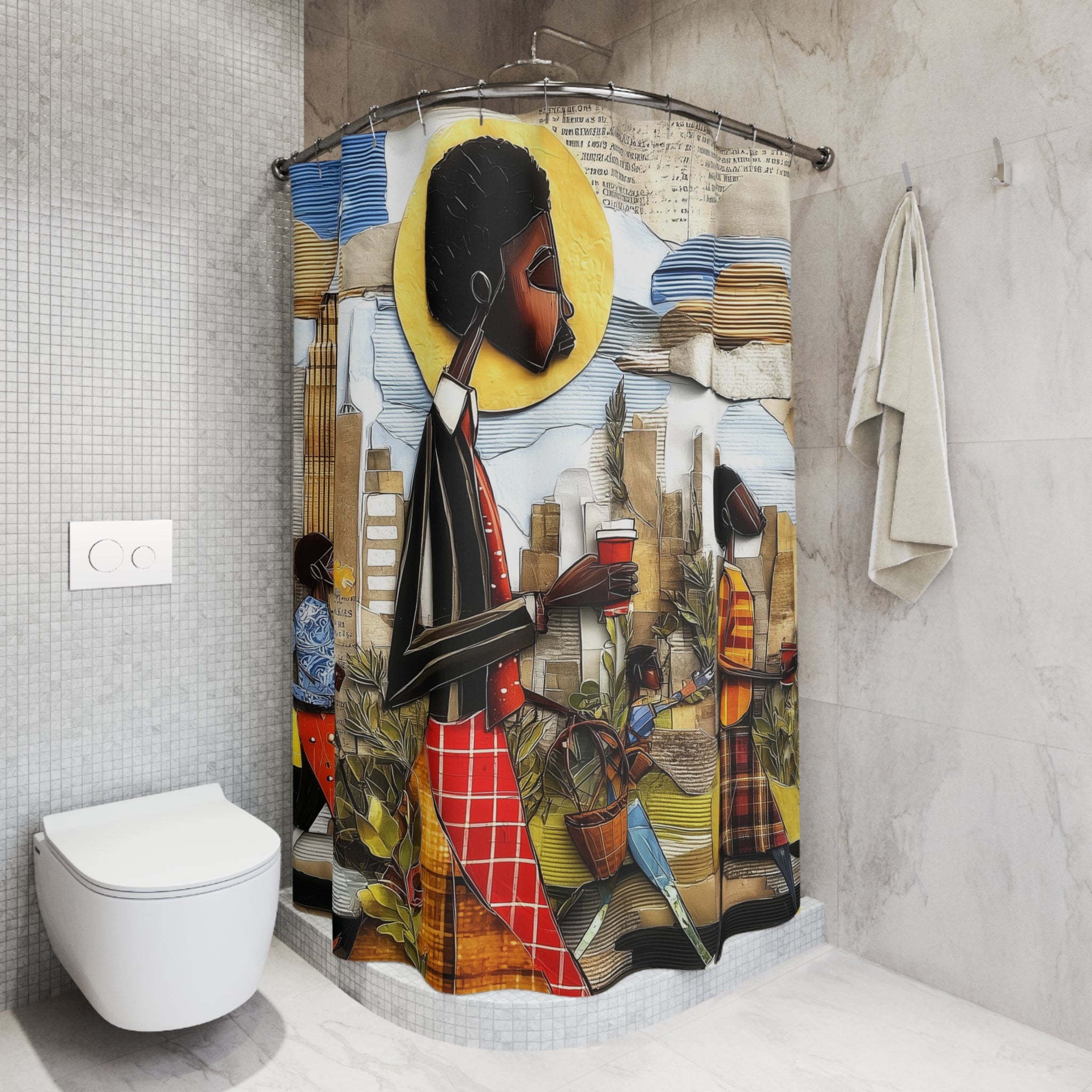 Afrocentric NYC shower curtain featuring Black professionals walking during Manhattan morning rush hour with coffee cups and plants in a modern abstract patchwork style.
