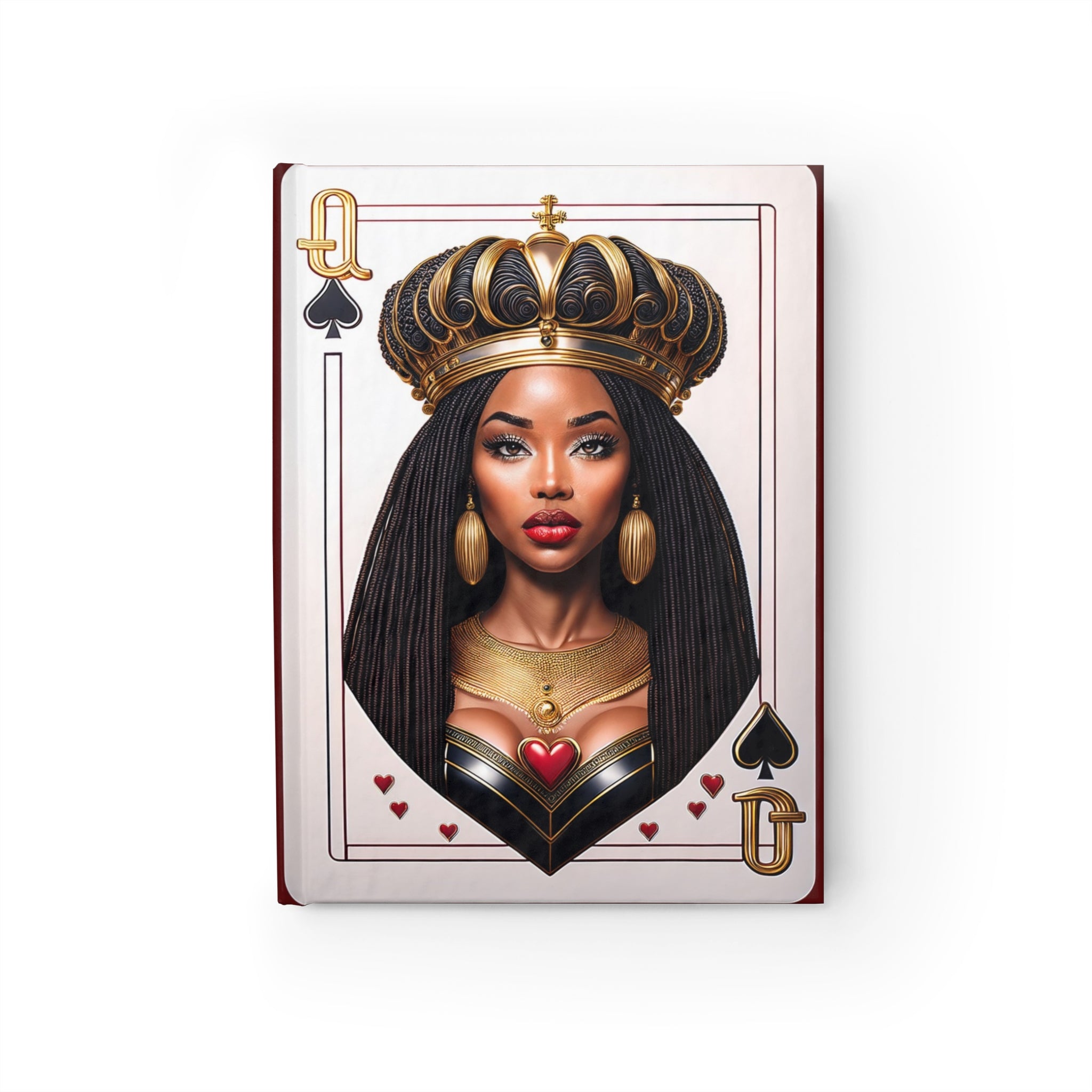 Black Queen of Spades Journal featuring an African American woman with a gold crown, inspired by royalty and empowerment. Afrocentric notebook available with blank or ruled line pages, perfect for sketching, writing, or daily journaling.