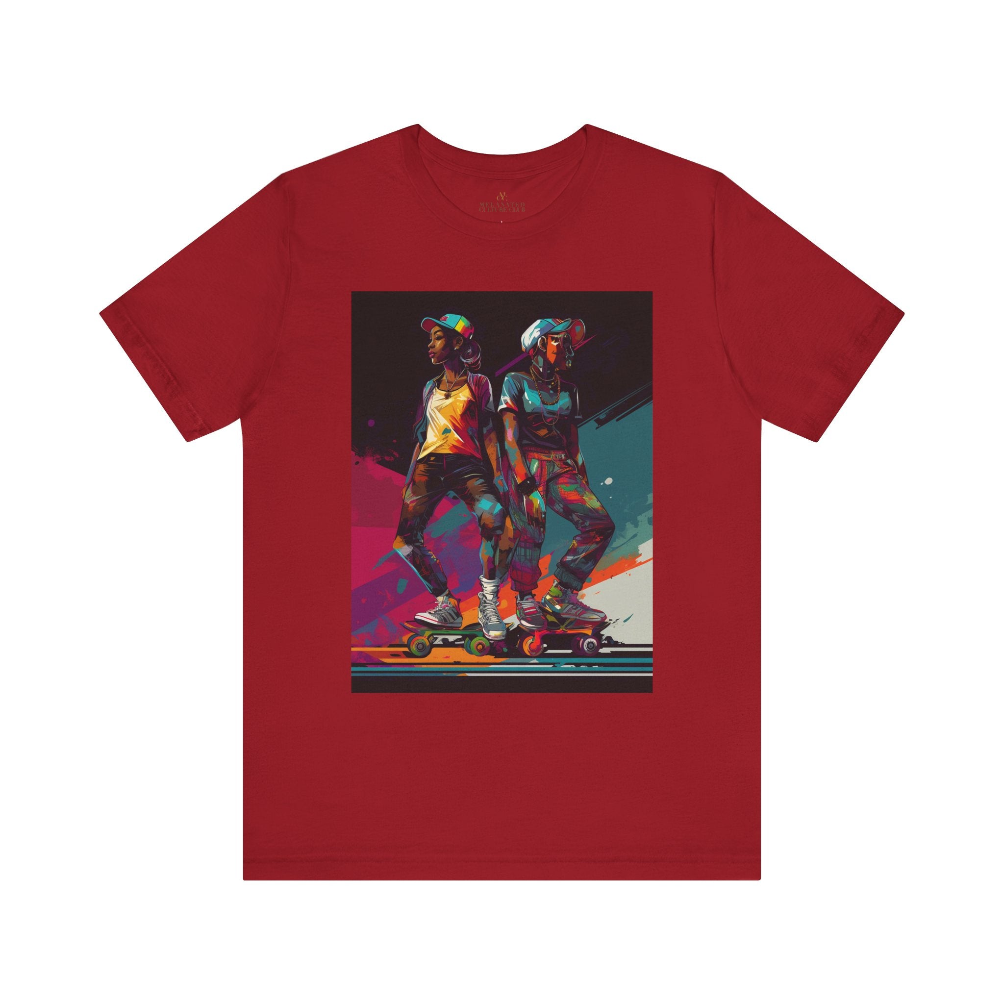 Black Girls Roller Skating Tee Afrocentric Skaters in red.