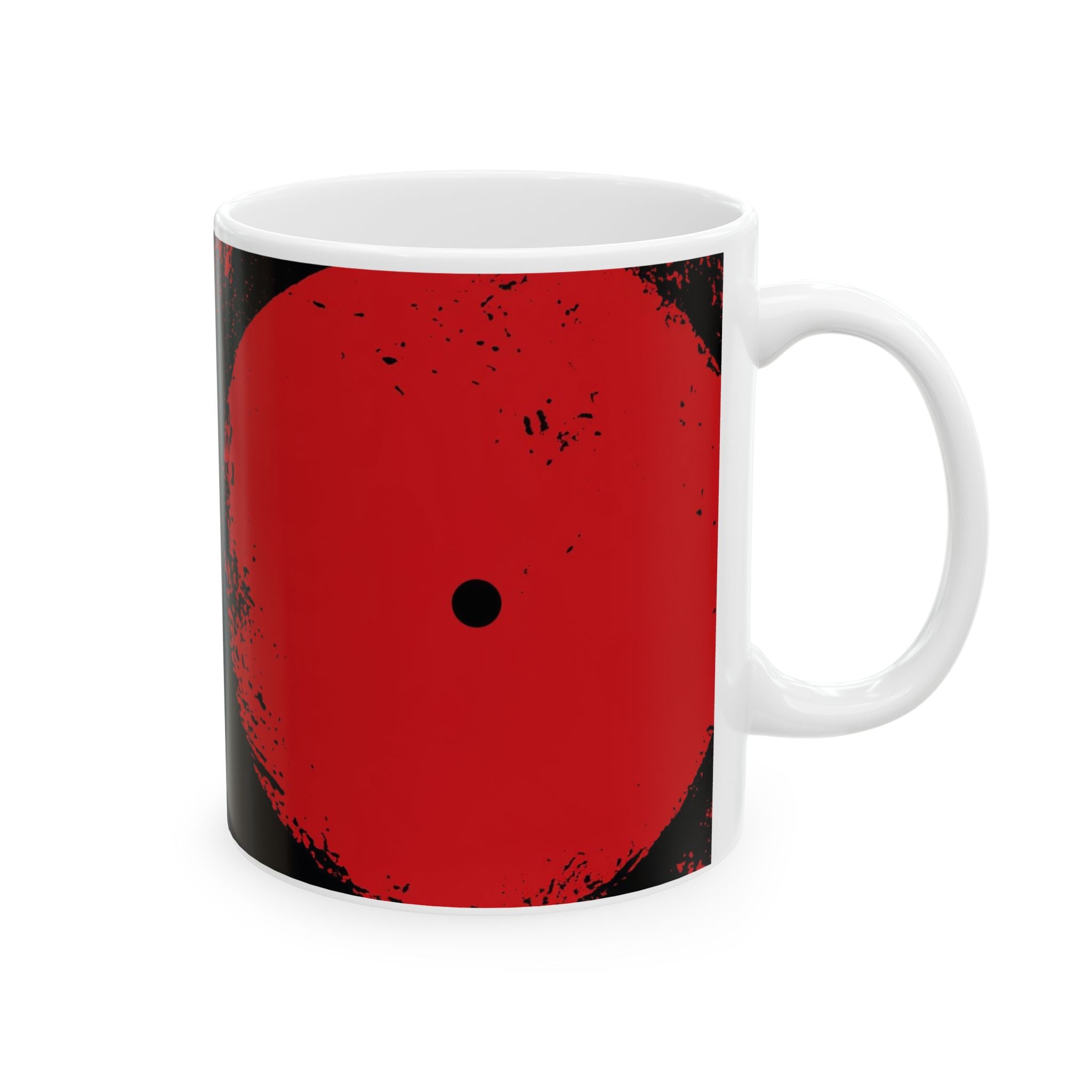 Right hand view of 11 oz. red, black and cream abstract art coffee mug featuring bold geometric circles, stripes, organic shapes and a Bauhaus-inspired modern design, displayed against a white background.