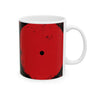 Right hand view of 11 oz. red, black and cream abstract art coffee mug featuring bold geometric circles, stripes, organic shapes and a Bauhaus-inspired modern design, displayed against a white background.