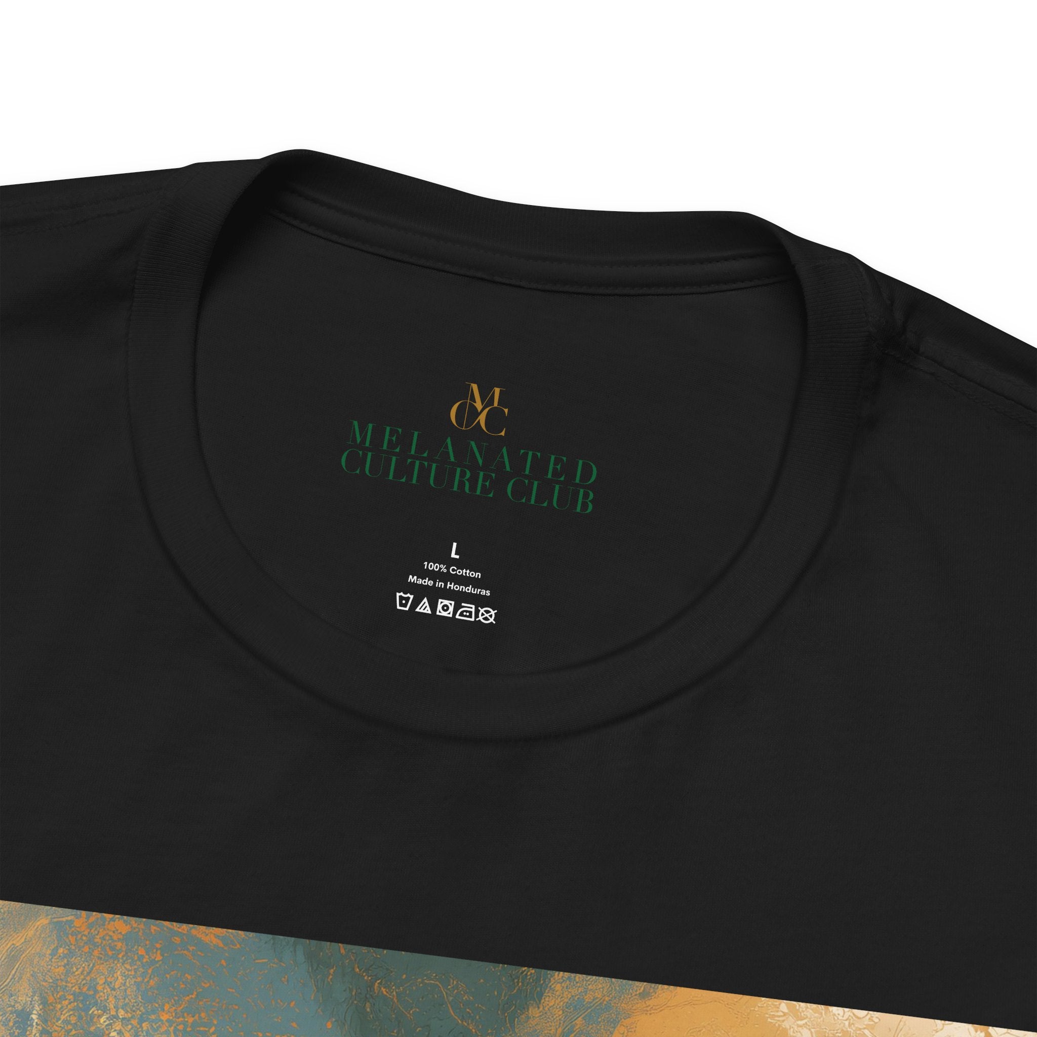 Close up view of the inner label of a black colored short-sleeve crewneck t-shirt.