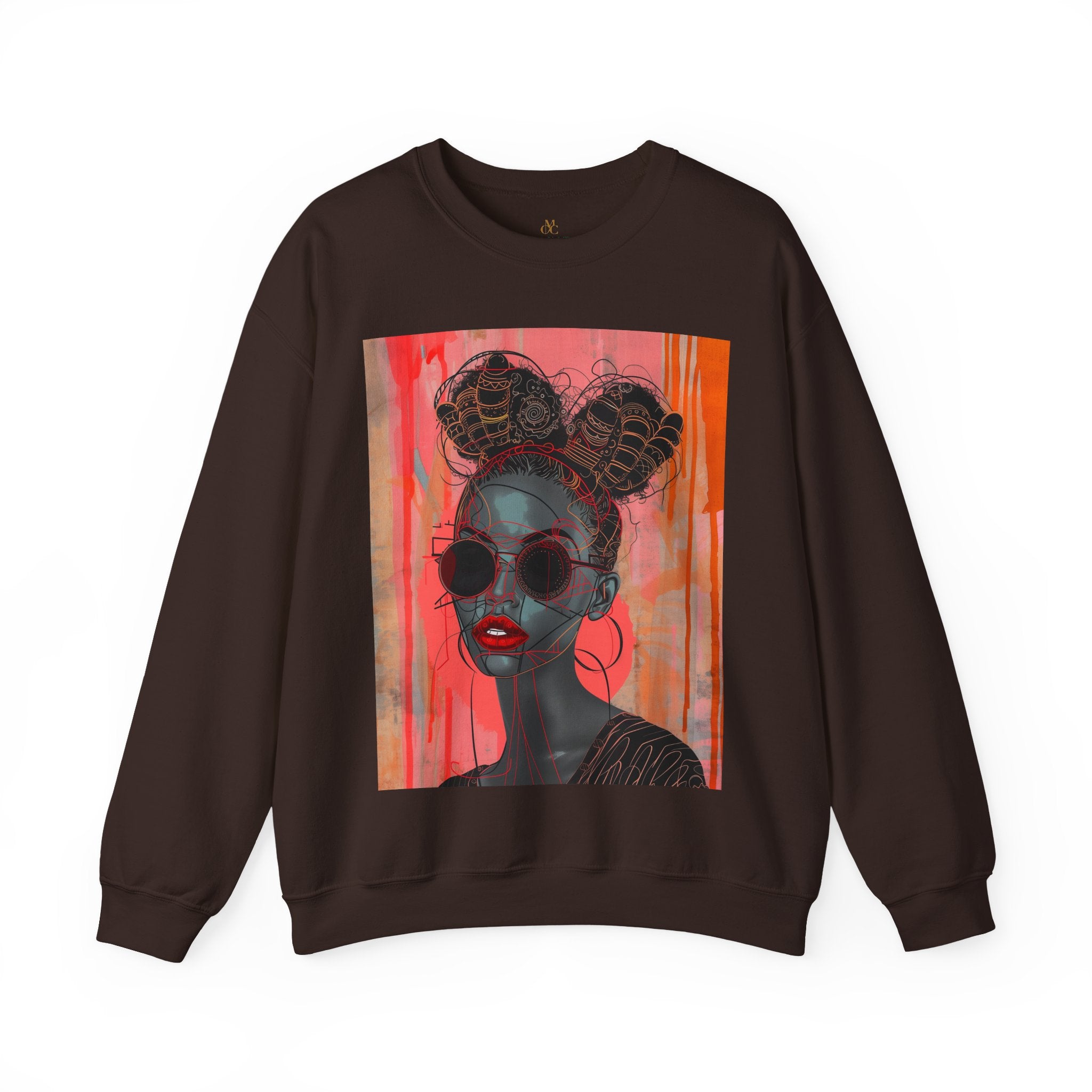 Black Woman Afrofuturism Sweatshirt featuring African American woman with Bantu knots and round fashion sunglasses, Afrocentric unisex top with futuristic and cultural design.