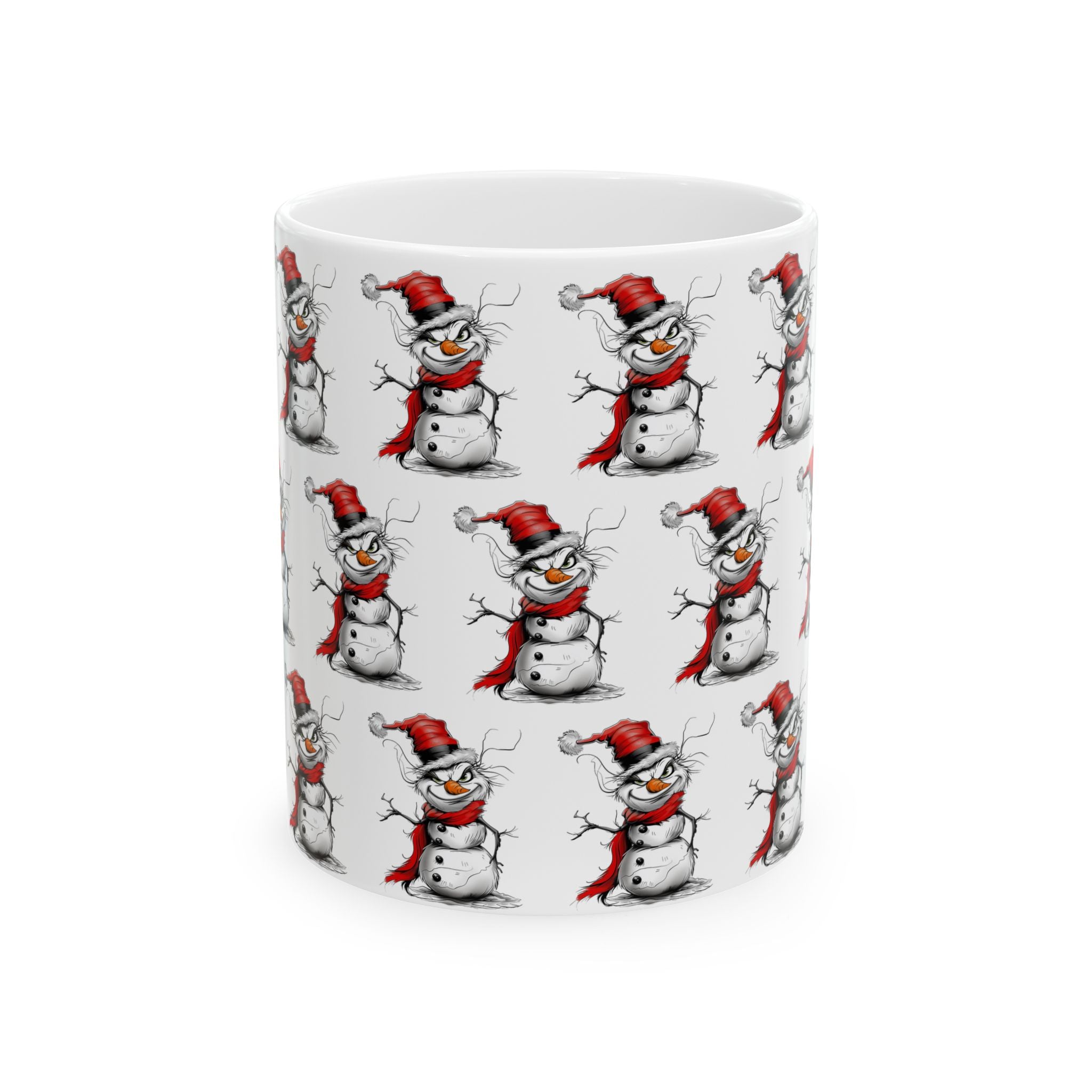 Grinch Snowman Coffee Mug featuring a naughty-looking snowman with a Grinch-inspired face – unique Christmas holiday beverage mug perfect for festive kitchens and seasonal drinks.