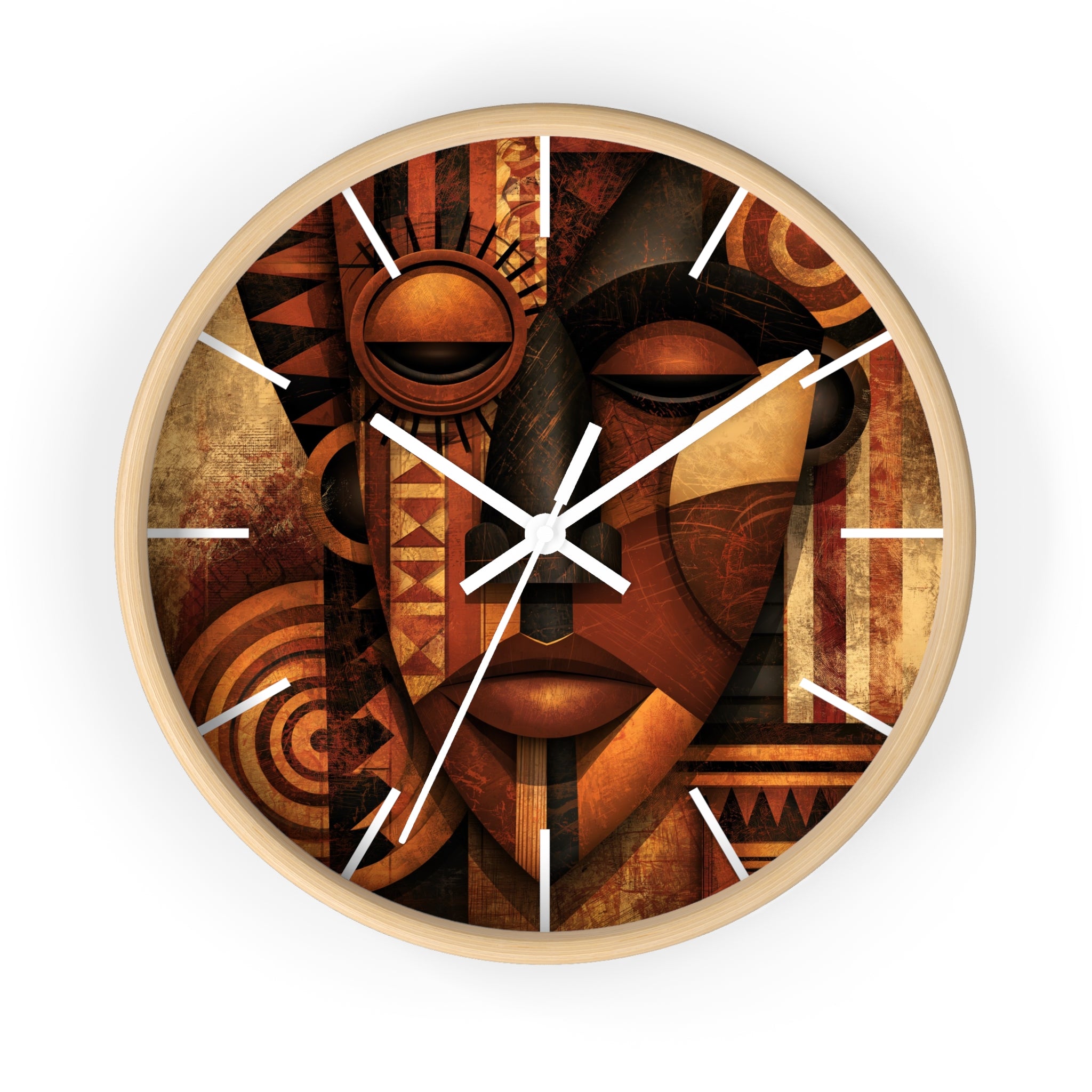 Faux oak wood round wall clock with white time markings and white clock hands, featuring an abstract African-inspired mask face with geometric shapes, circular patterns, and textured details in terracotta, burnt orange, bronze, black, and warm gold tones, displayed against a white background.