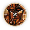 Faux oak wood round wall clock with white time markings and white clock hands, featuring an abstract African-inspired mask face with geometric shapes, circular patterns, and textured details in terracotta, burnt orange, bronze, black, and warm gold tones, displayed against a white background.