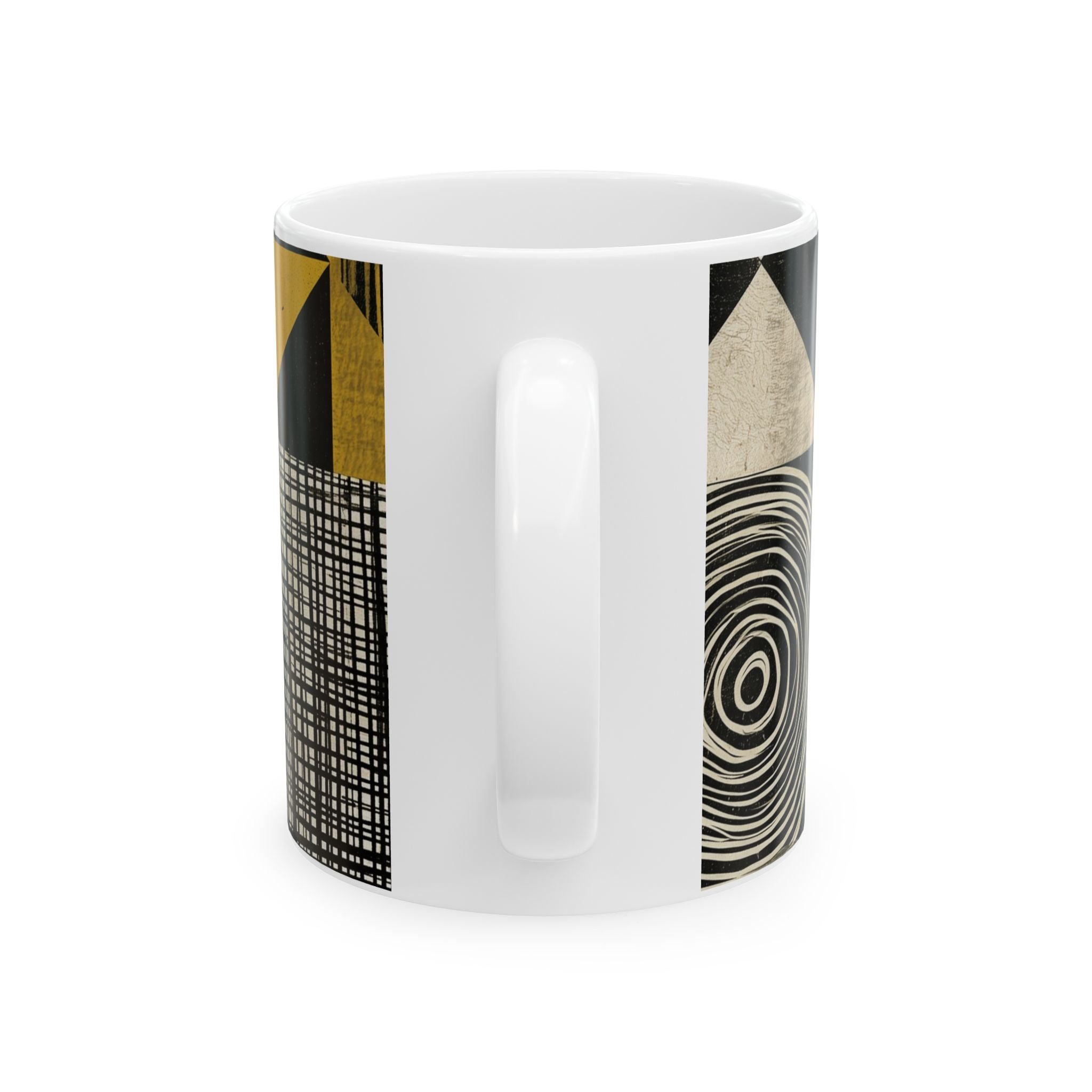 Back view of an 10 oz  Afrocentric geometric coffee mug featuring bold black, mustard gold, cream and red abstract shapes, arches, stripes and checkerboard patterns, displayed against a white background.