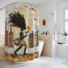 A shower curtain hanging in a bright white bathroom, featuring a stylized illustration of a little Black girl with voluminous dark hair holding yellow sunflowers, set against a background of Harlem brownstones.