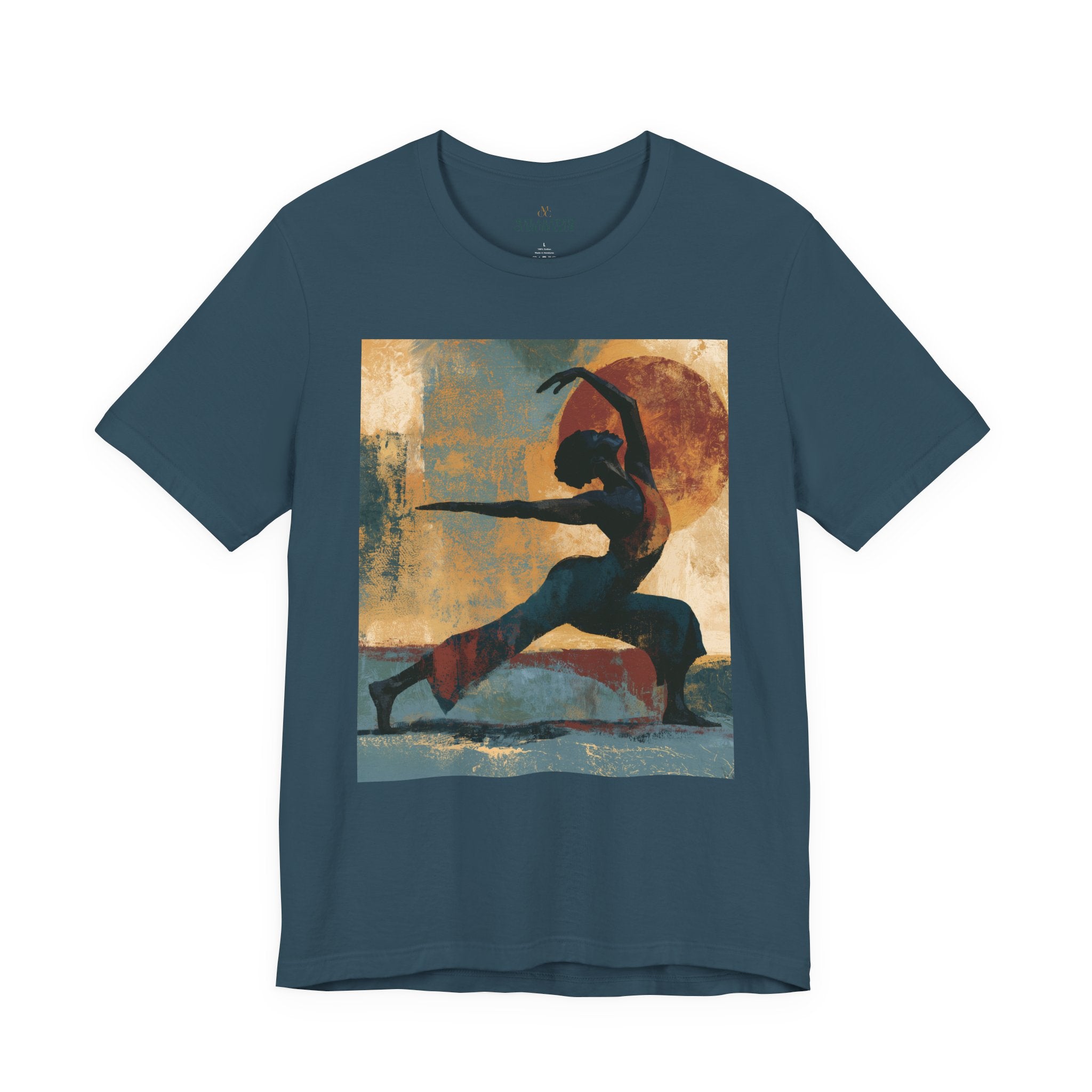 A deep teal colored short-sleeve crewneck t-shirt featuring a Black woman in a yoga pose against a warm, abstract sunset background.