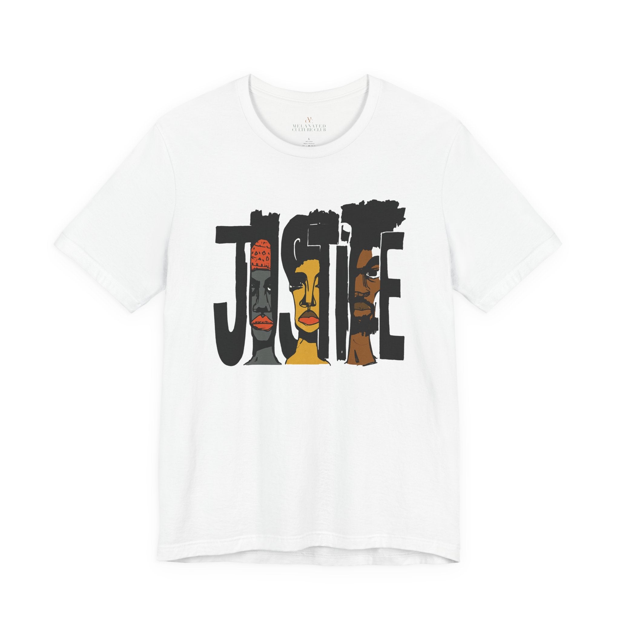 A white short-sleeve crewneck t-shirt featuring a graphic print of the word 'JUSTICE' filled with stylized illustrations of faces in black, brown, and orange tones.