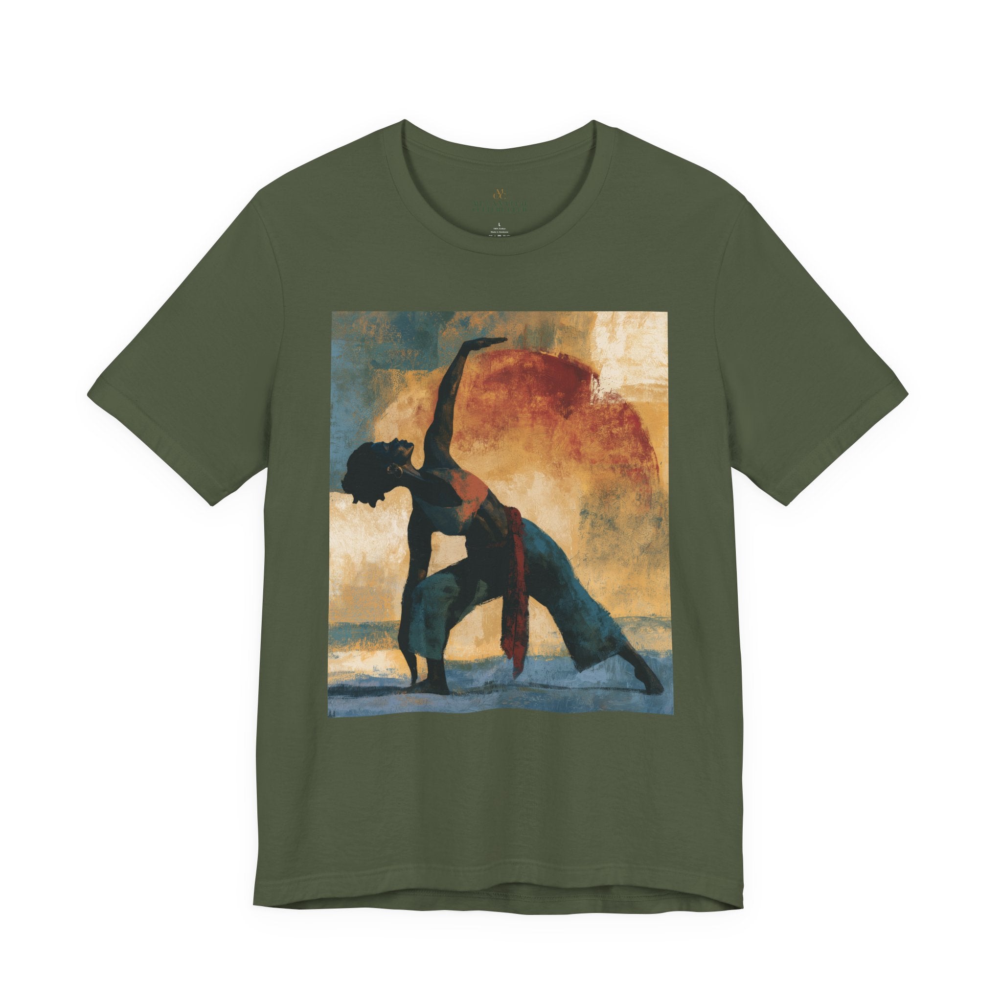 A military green colored short-sleeve crewneck t-shirt featuring a Black woman in a yoga pose against a warm, abstract sunset background.