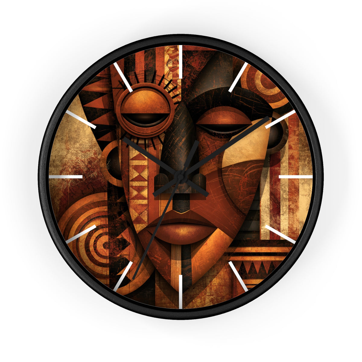 Black round wall clock with white time markings and black clock hands, featuring an abstract African-inspired mask face with geometric shapes, circular patterns, and textured details in terracotta, burnt orange, bronze, black, and warm gold tones, displayed against a white background.