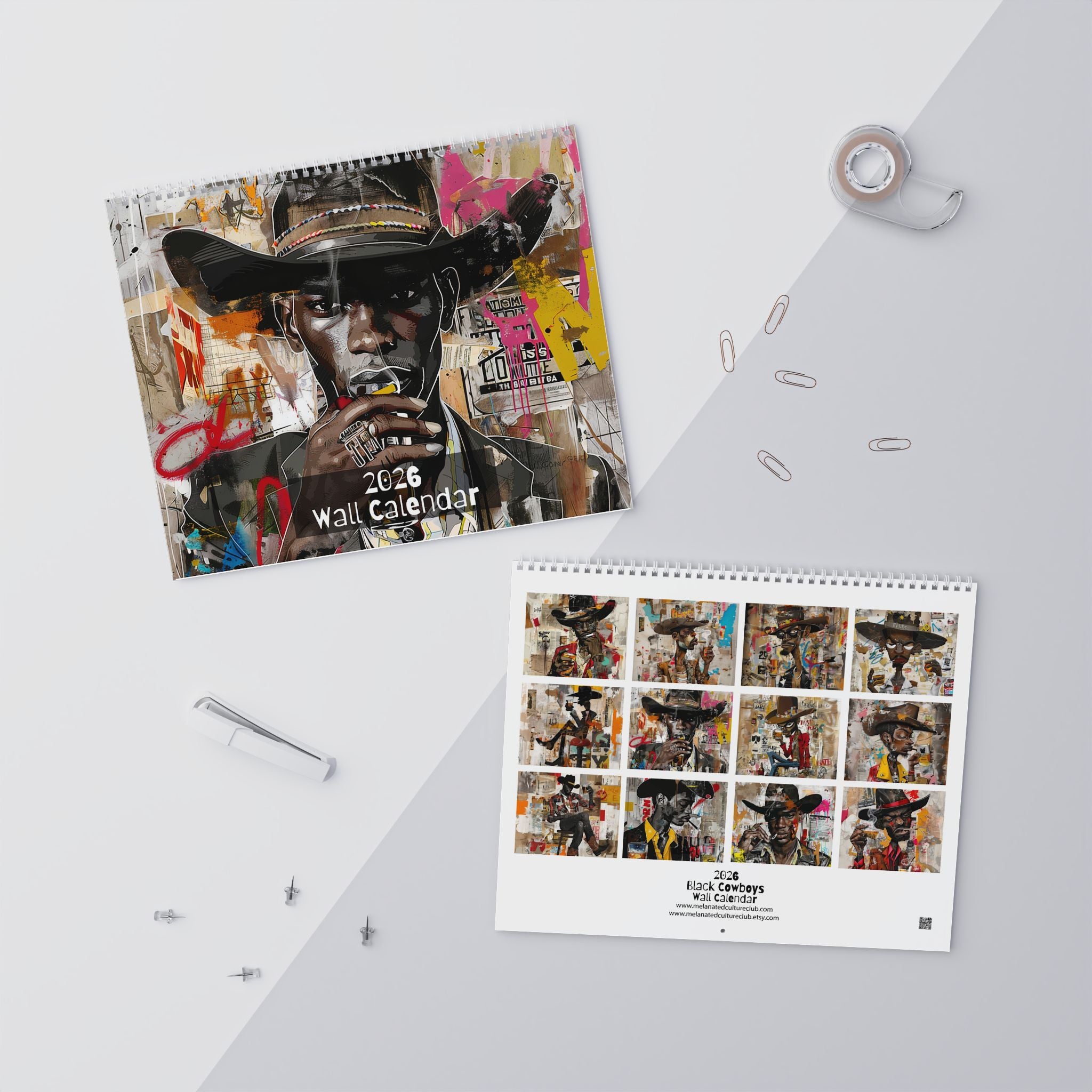 2026 Black Cowboys Wall Calendar featuring Afrocentric cartoon and graffiti-style artwork. Bold calendar celebrating African American cowboys, Western heritage, and Black culture—perfect for home or office décor. (11 in. x 8.5 in.)