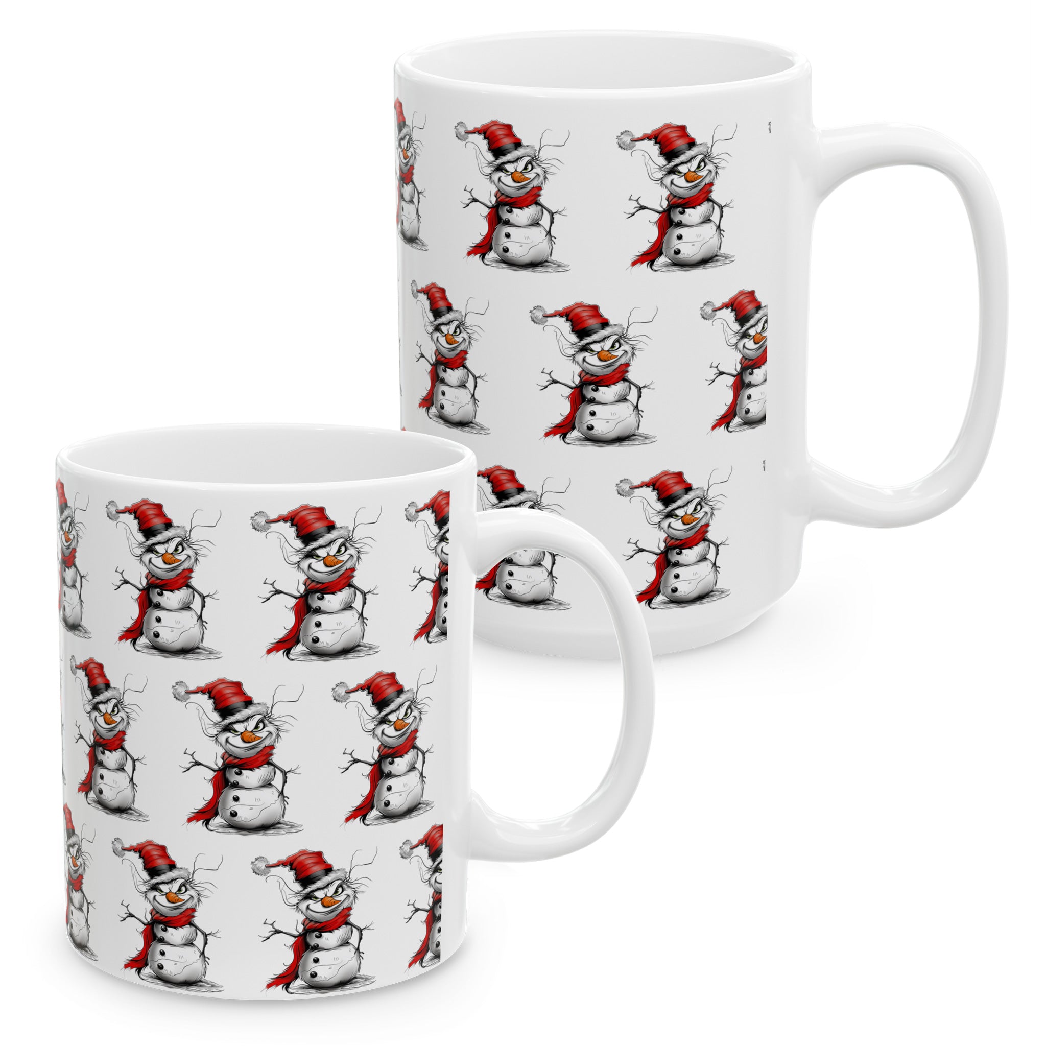 Grinch Snowman Coffee Mug featuring a naughty-looking snowman with a Grinch-inspired face – unique Christmas holiday beverage mug perfect for festive kitchens and seasonal drinks.
