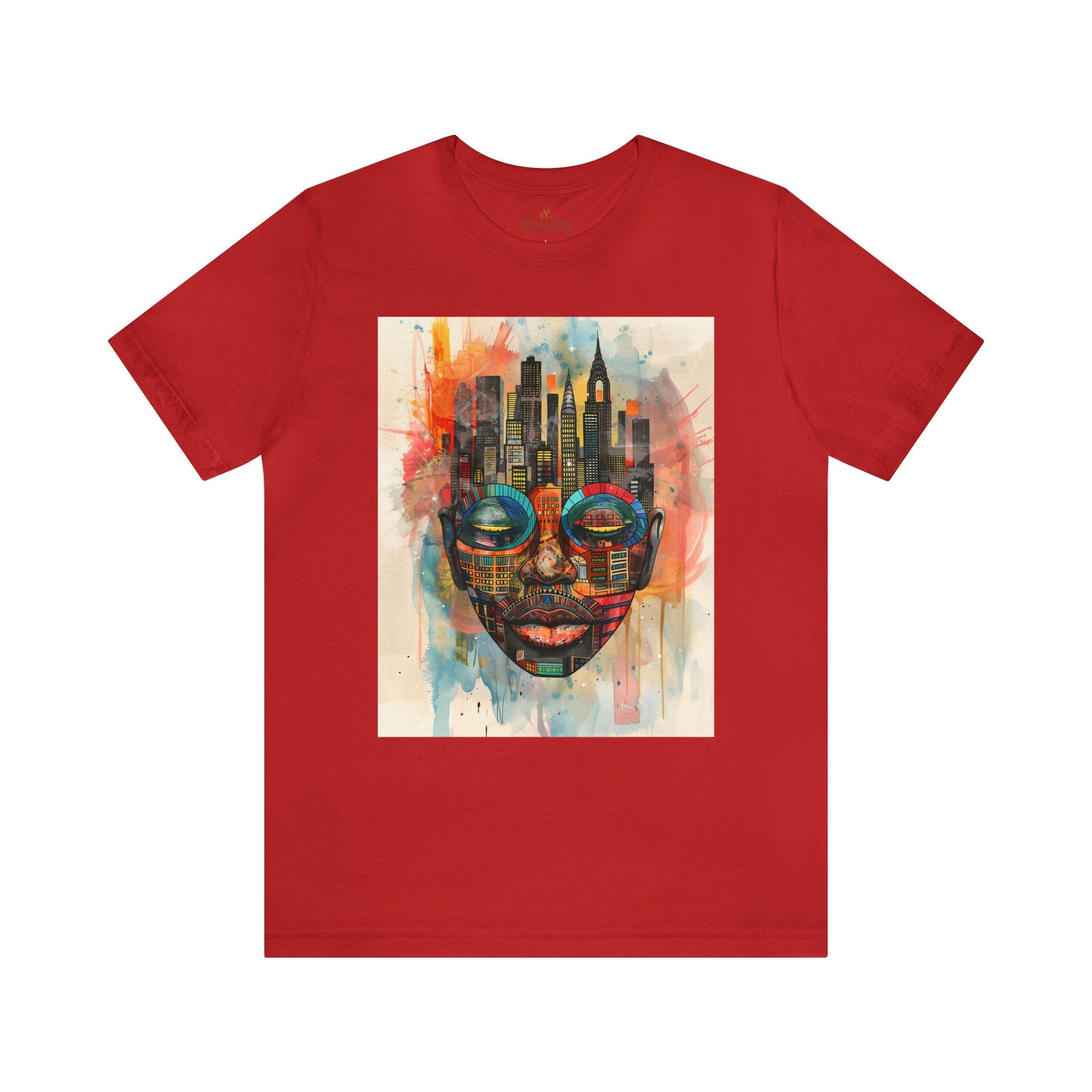 New York City Abstract African Mask Unisex Tee Shirt in red.