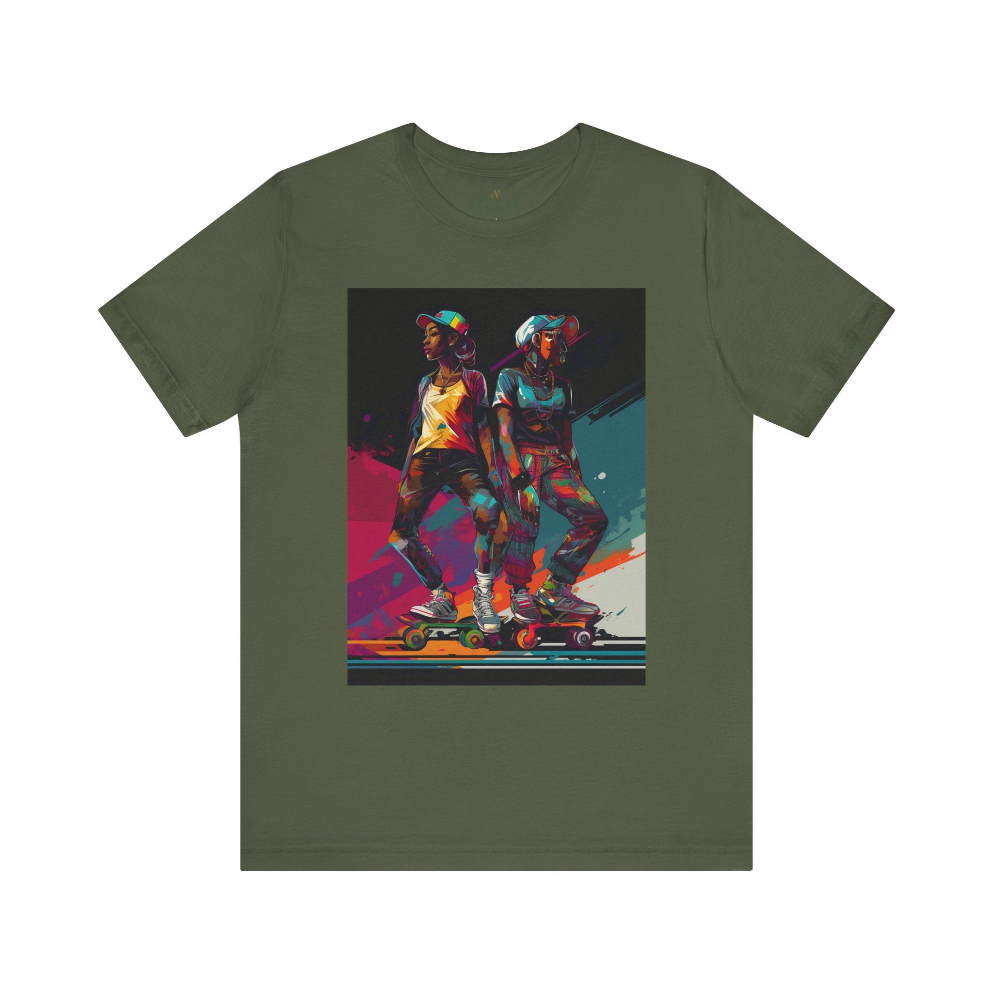 Black Girls Roller Skating Tee Afrocentric Skaters in military green.