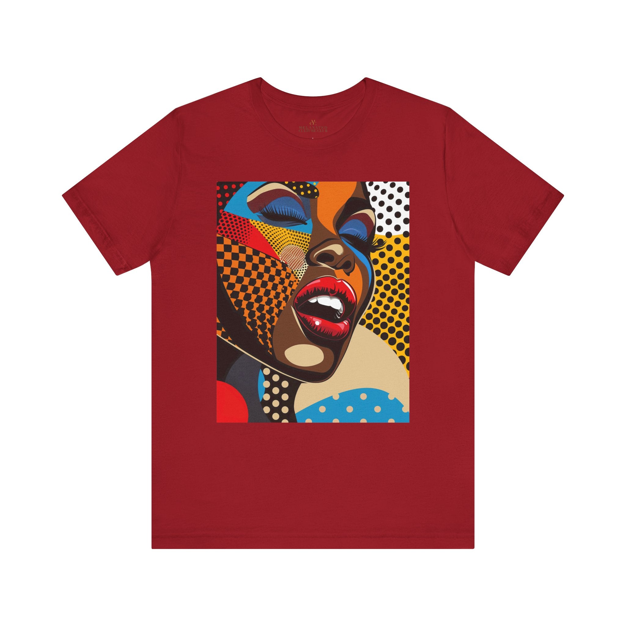 Beautiful Black Girl Pop Art Tee featuring a comic book-style illustration of an African American woman with closed eyes and bold red lips singing. Designed in bright, vivid colors with Afrocentric flair and Pop Art movement aesthetics.