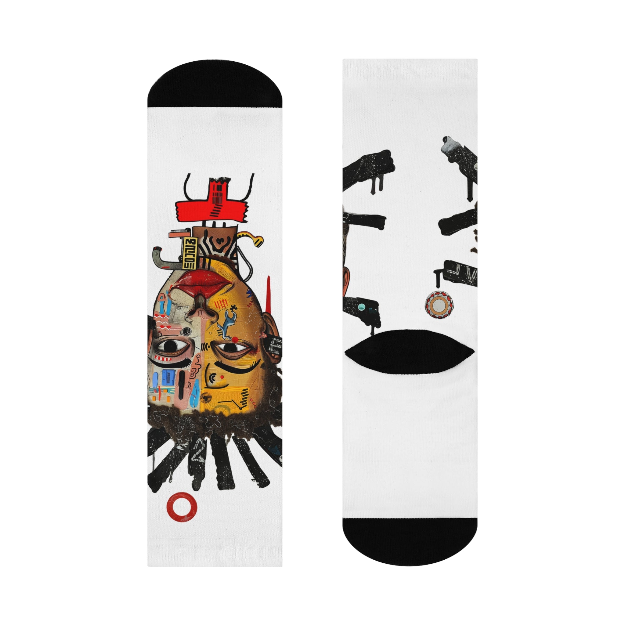 Abstract Afrocentric crew socks featuring a continuous calf wrap print of a Black man with a split human and robot face in an Afrofuturism art style, with black heel and toe panels. Series 02