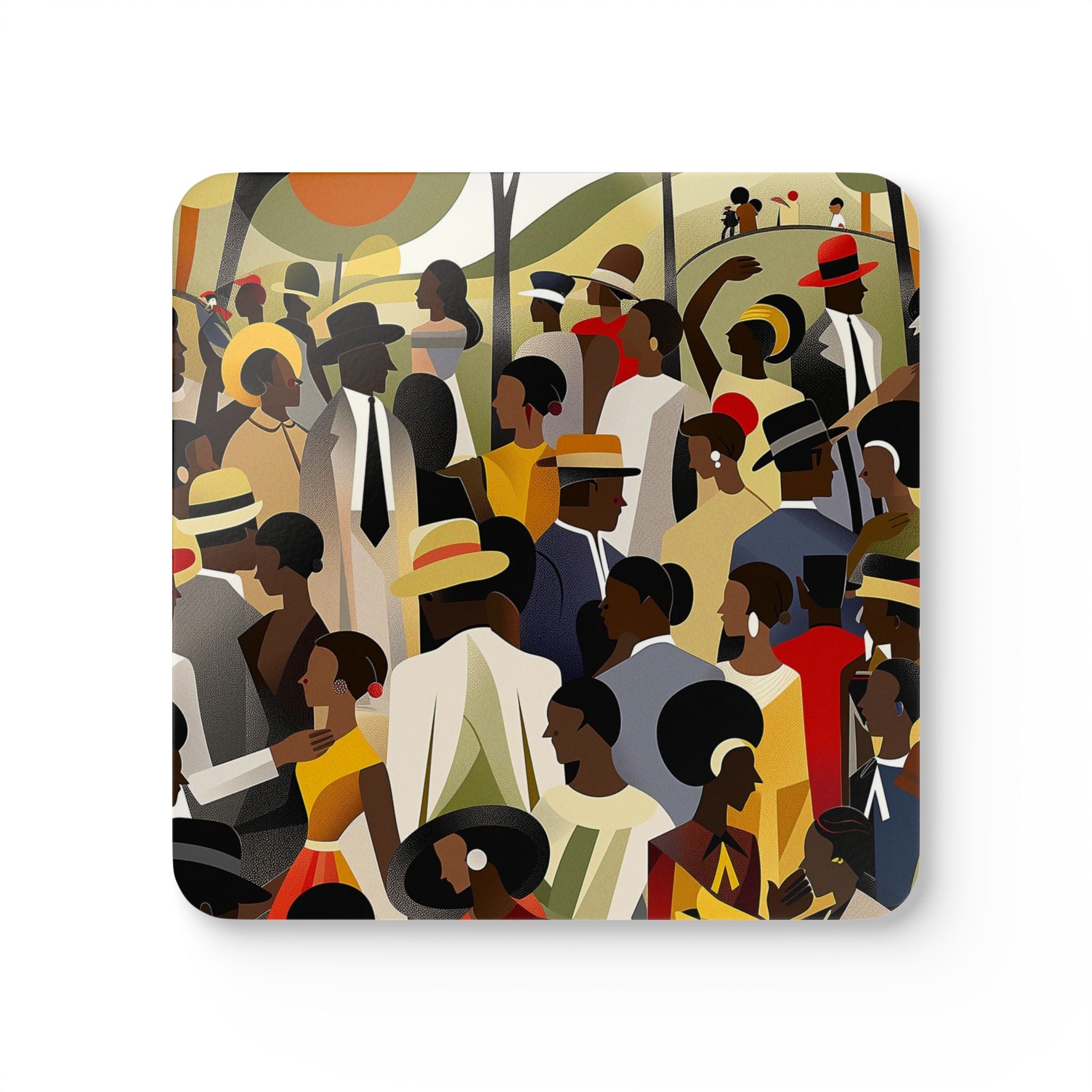 Juneteenth Celebration Drink Coasters featuring a vibrant picnic in the park scene, perfect for celebrating African American culture with colorful beverage coasters and Afrocentric barware accessories.
